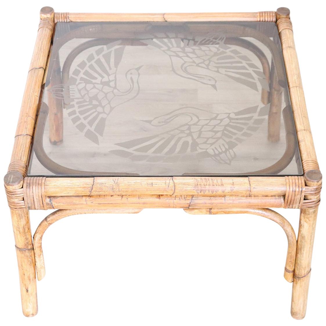 20th Century Italian Art Deco Bamboo and Decorated Glass Sofa Table, Side Table