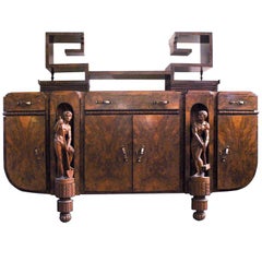 20th Century Italian Art Deco Buffet in Walnut Root with Wooden Sculptures