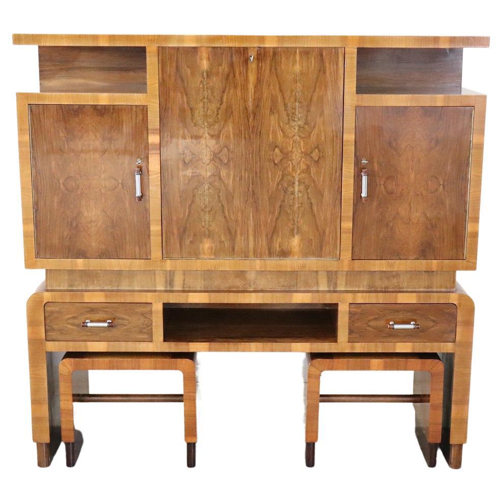 20th Century Italian Art Deco Large Bar Cabinet with Two Stools, 1930s