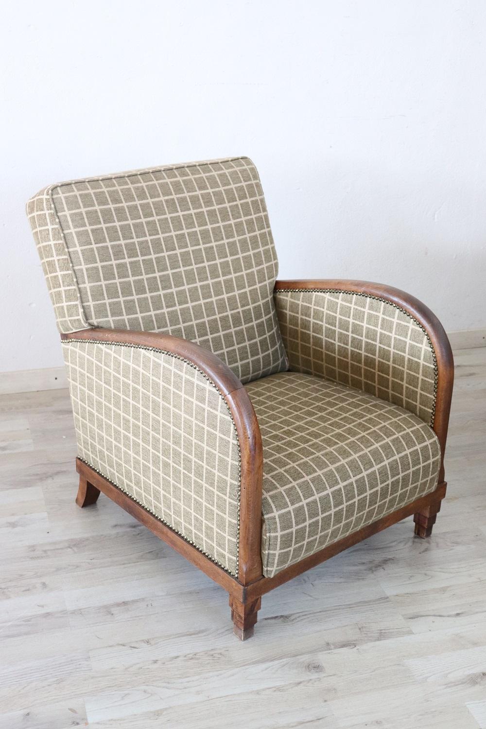 Pair of Art Deco armchairs with beautiful and special fabric with squares. These loving armchairs have a comfortable seat. Made of beech wood. In good vintage conditions.