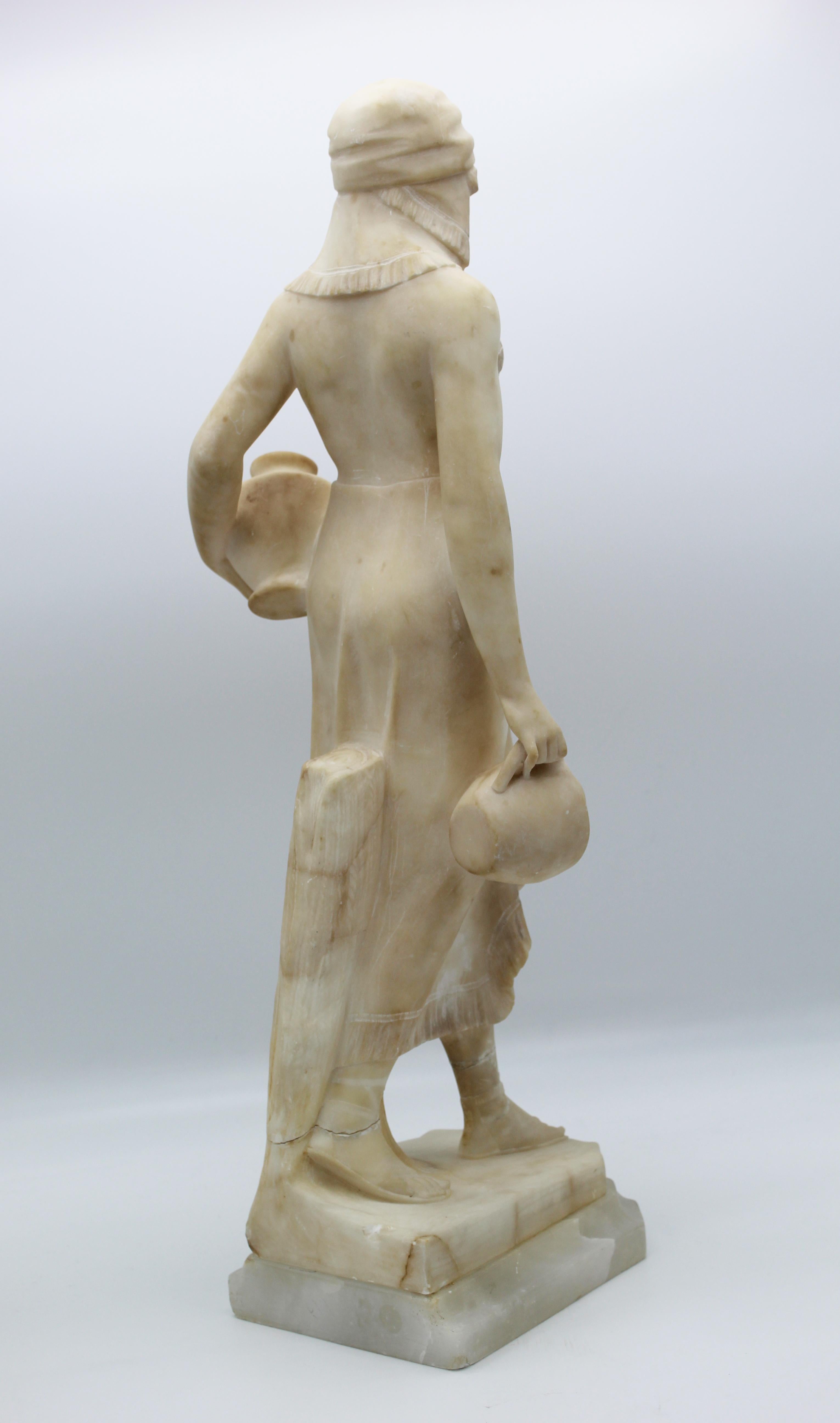 20th Century Italian Art Deco Sculpture White Alabaster Woman Carryng Water 6
