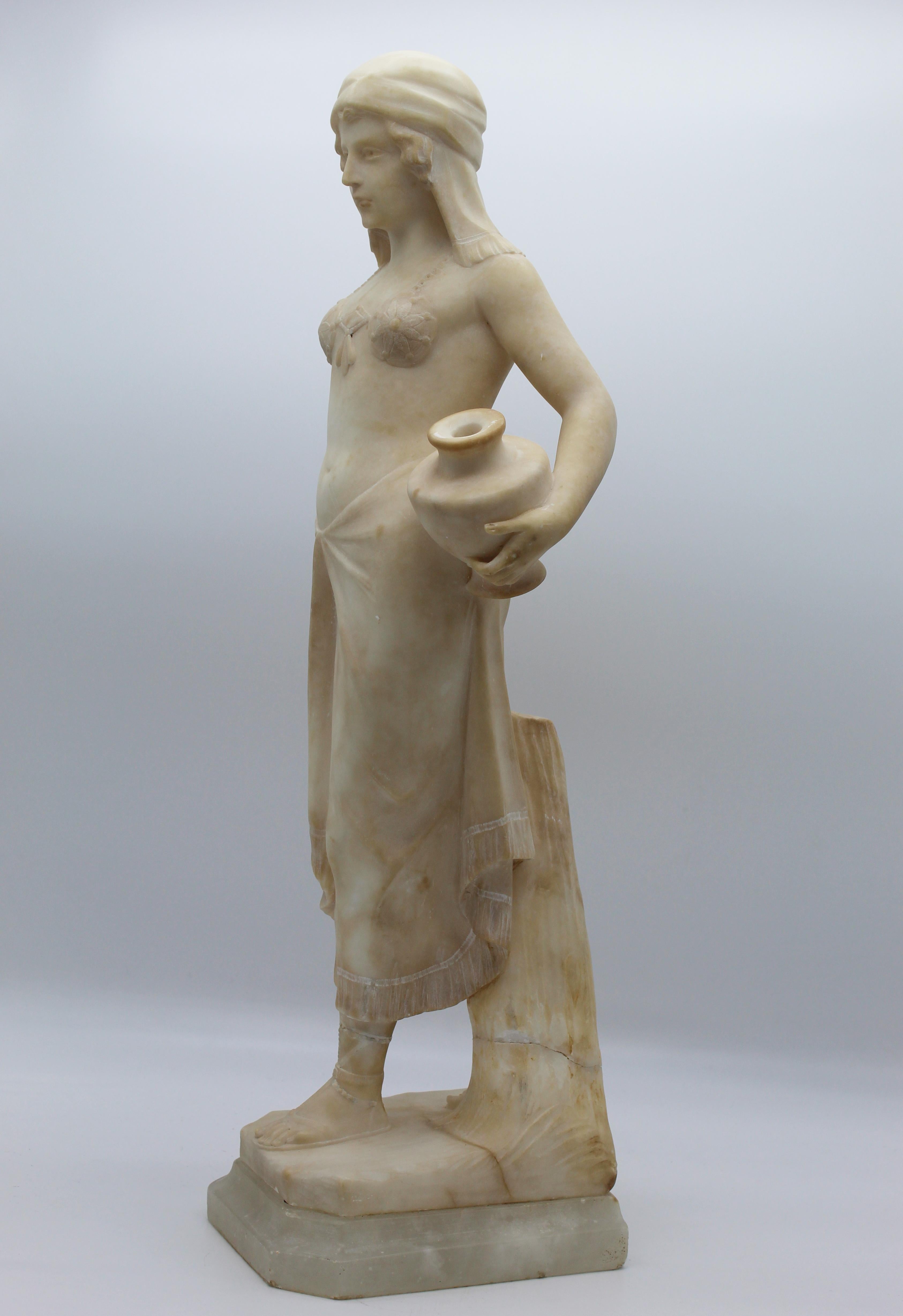 20th Century Italian Art Deco Sculpture White Alabaster Woman Carryng Water 7