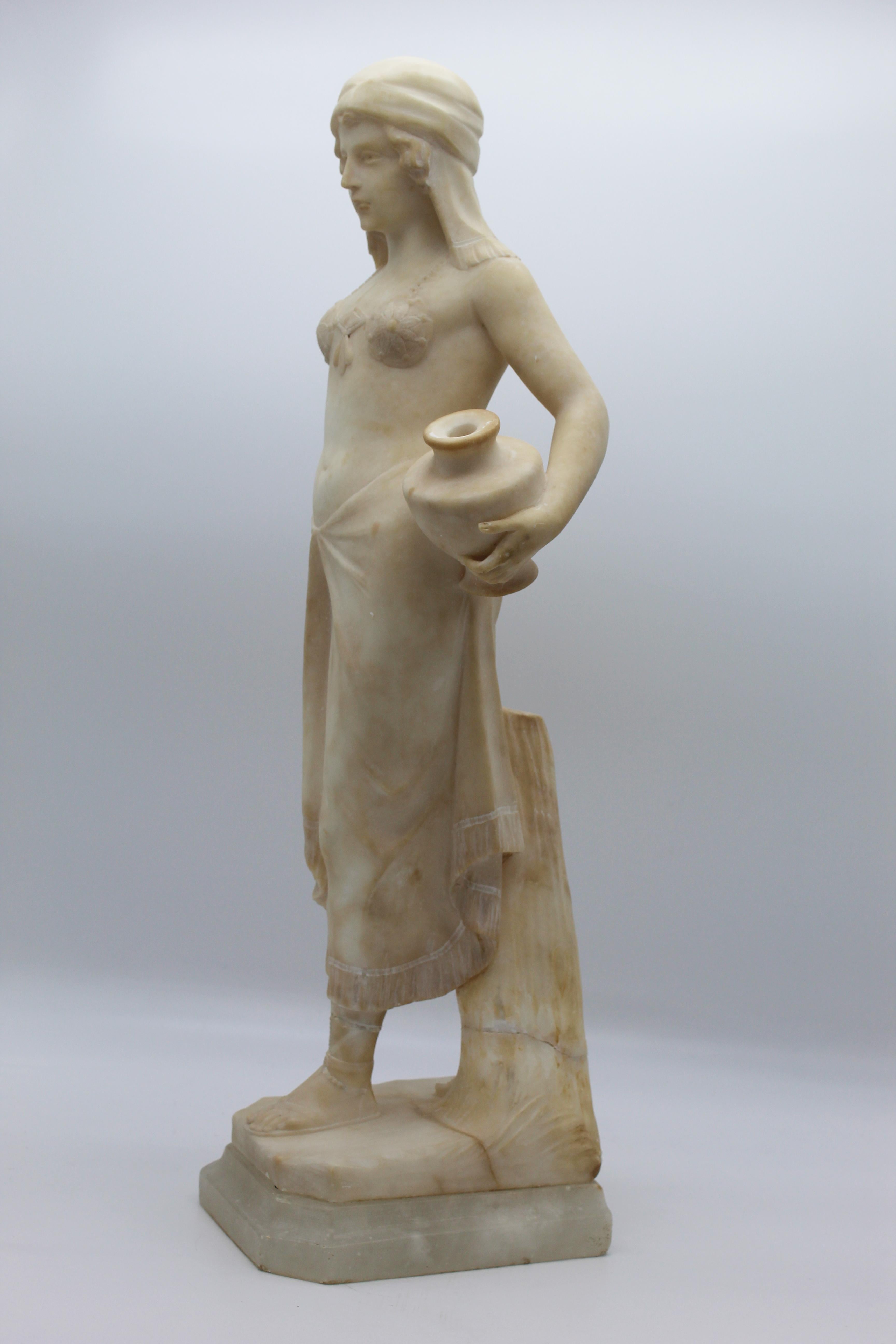 20th Century Italian Art Deco Sculpture White Alabaster Woman Carryng Water 9