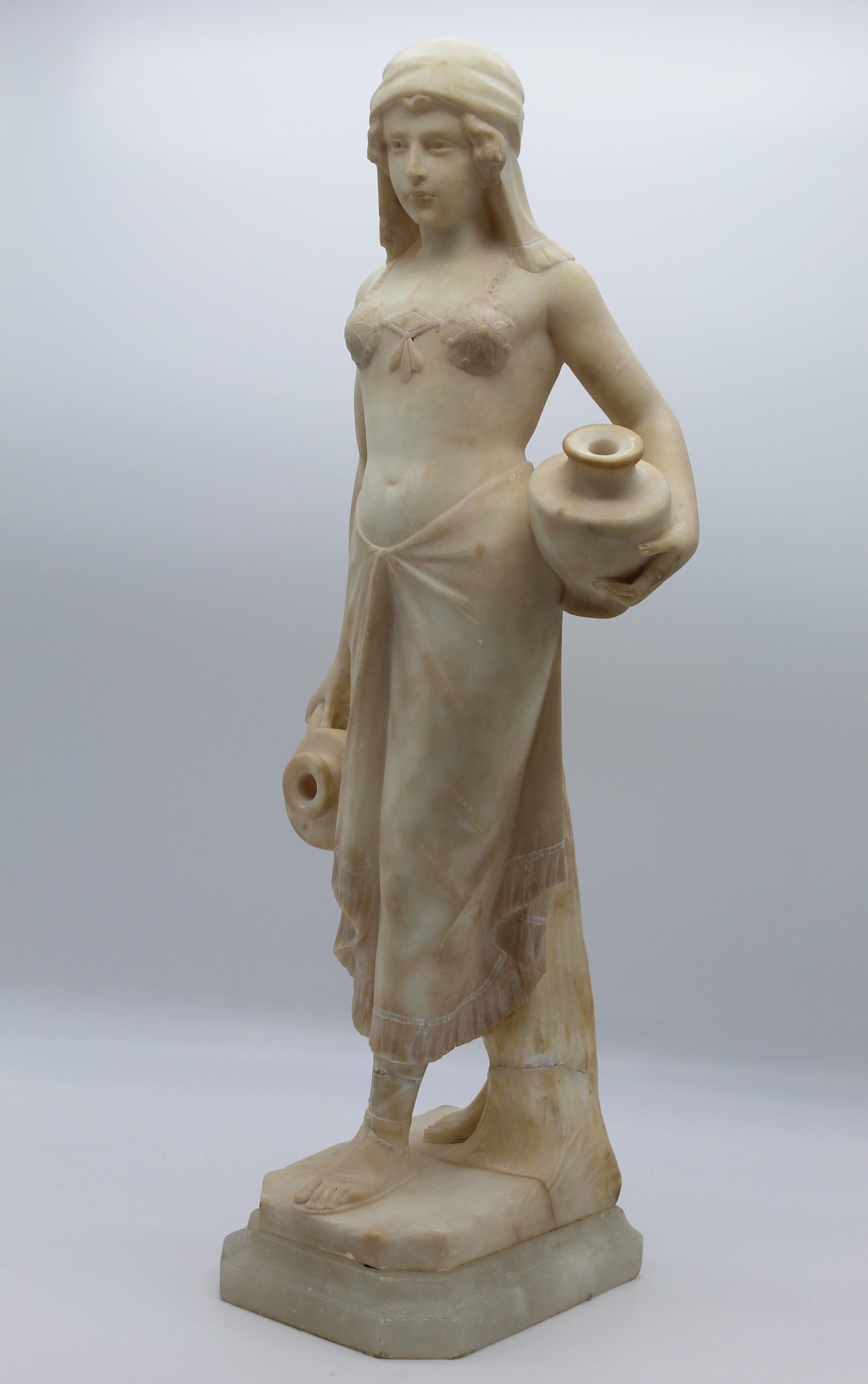 French 20th Century Italian Art Deco Sculpture White Alabaster Woman Carryng Water