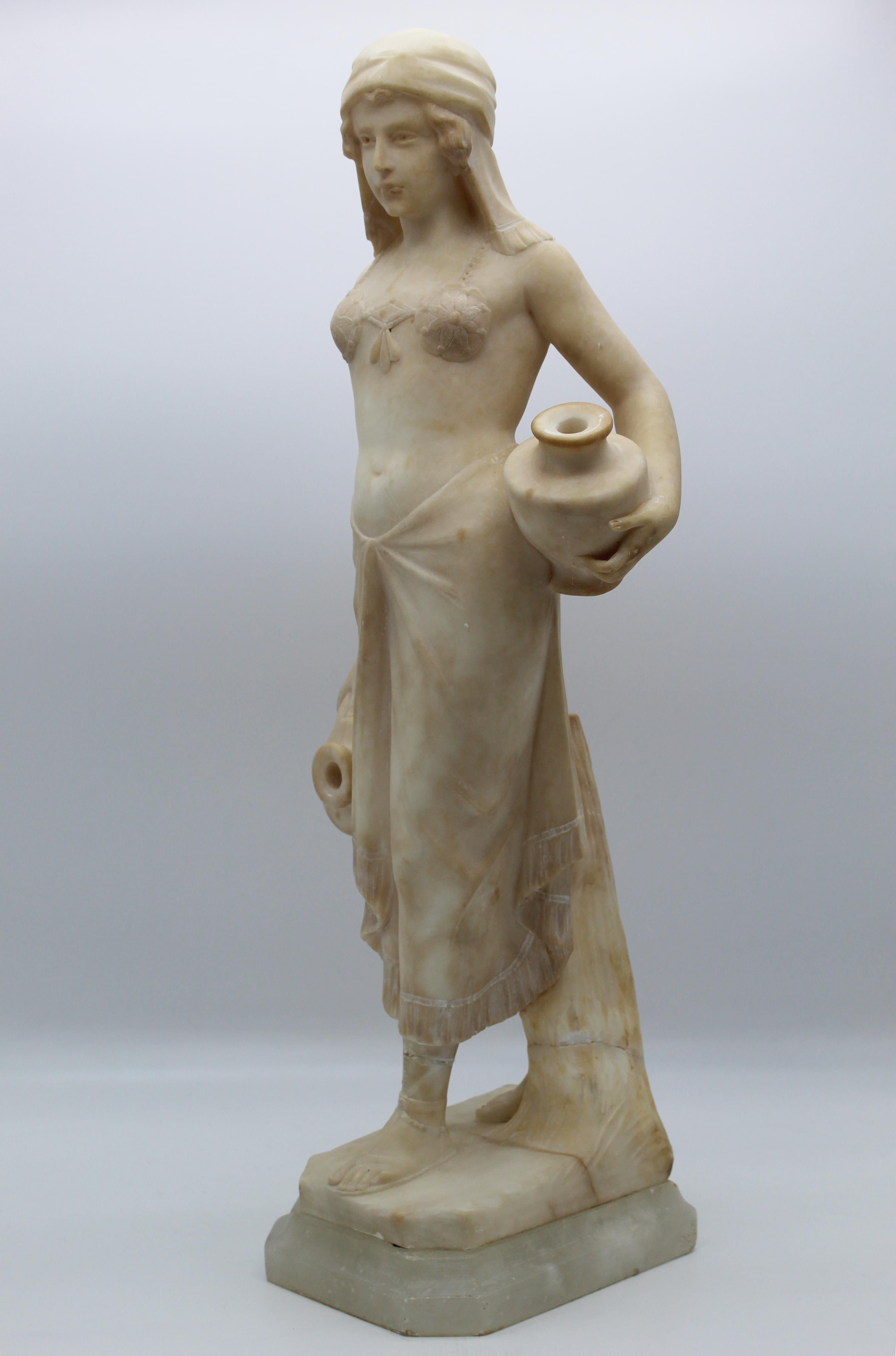 Hand-Carved 20th Century Italian Art Deco Sculpture White Alabaster Woman Carryng Water