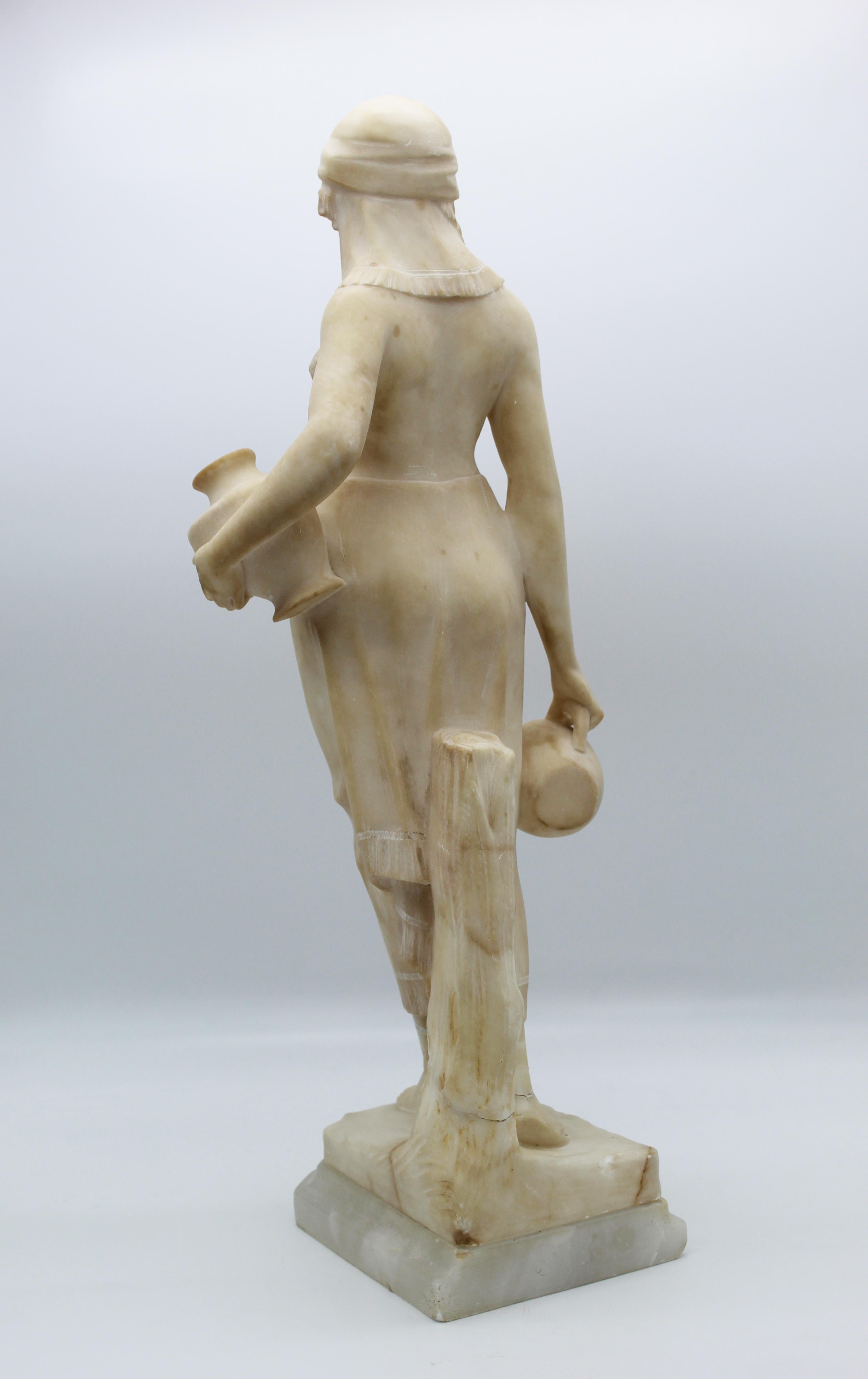 20th Century Italian Art Deco Sculpture White Alabaster Woman Carryng Water In Fair Condition In Roma, IT