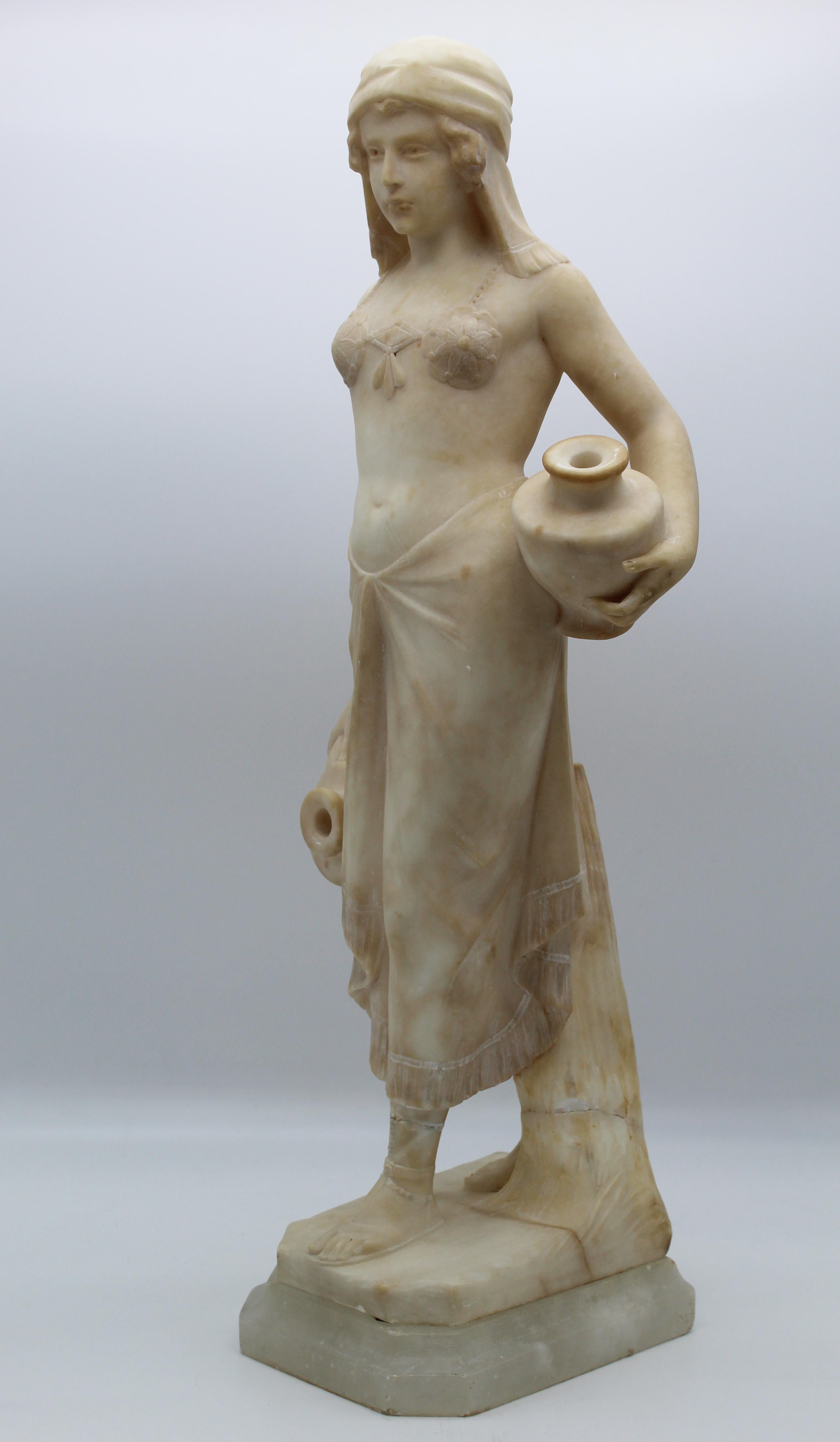 20th Century Italian Art Deco Sculpture White Alabaster Woman Carryng Water 1