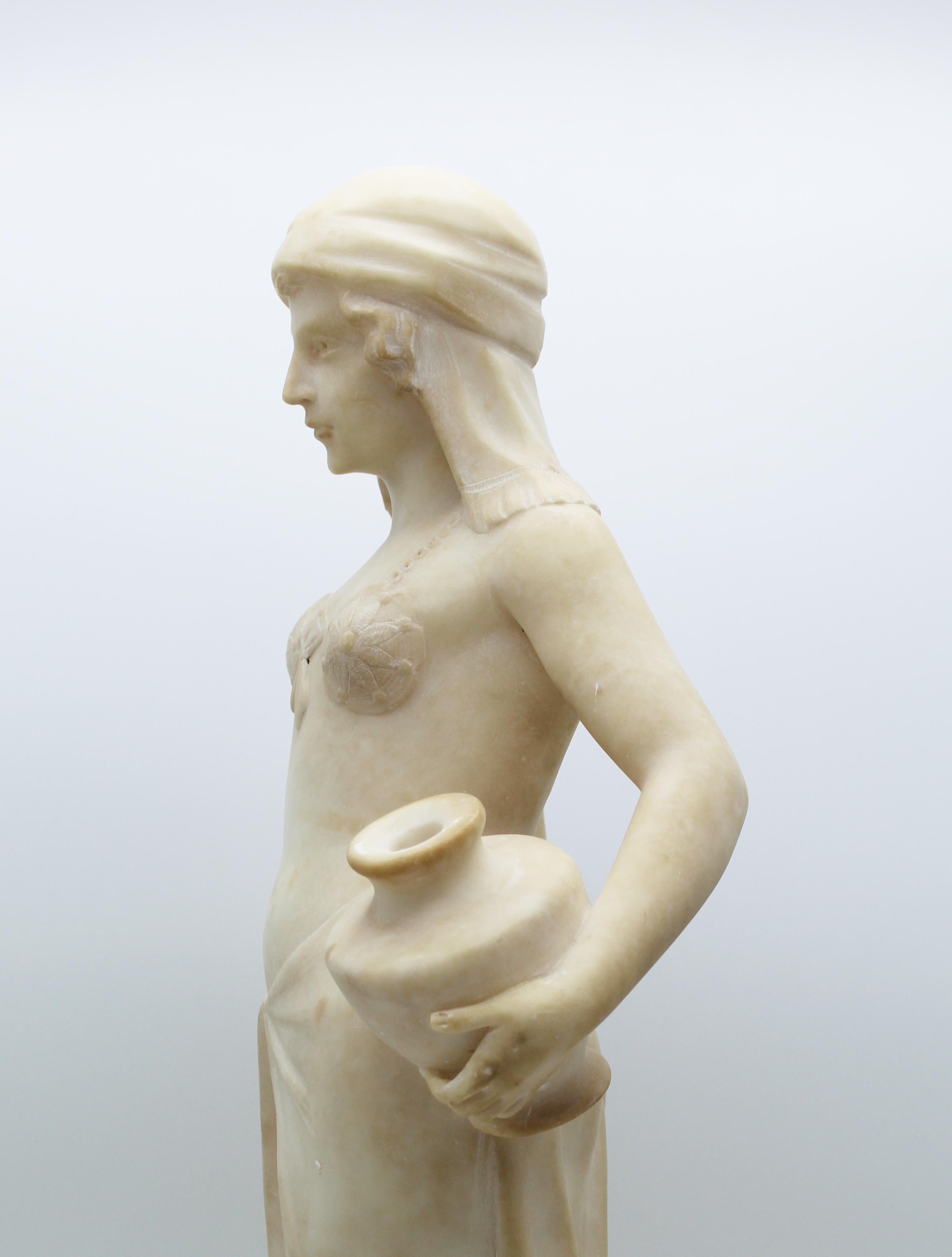 20th Century Italian Art Deco Sculpture White Alabaster Woman Carryng Water 3