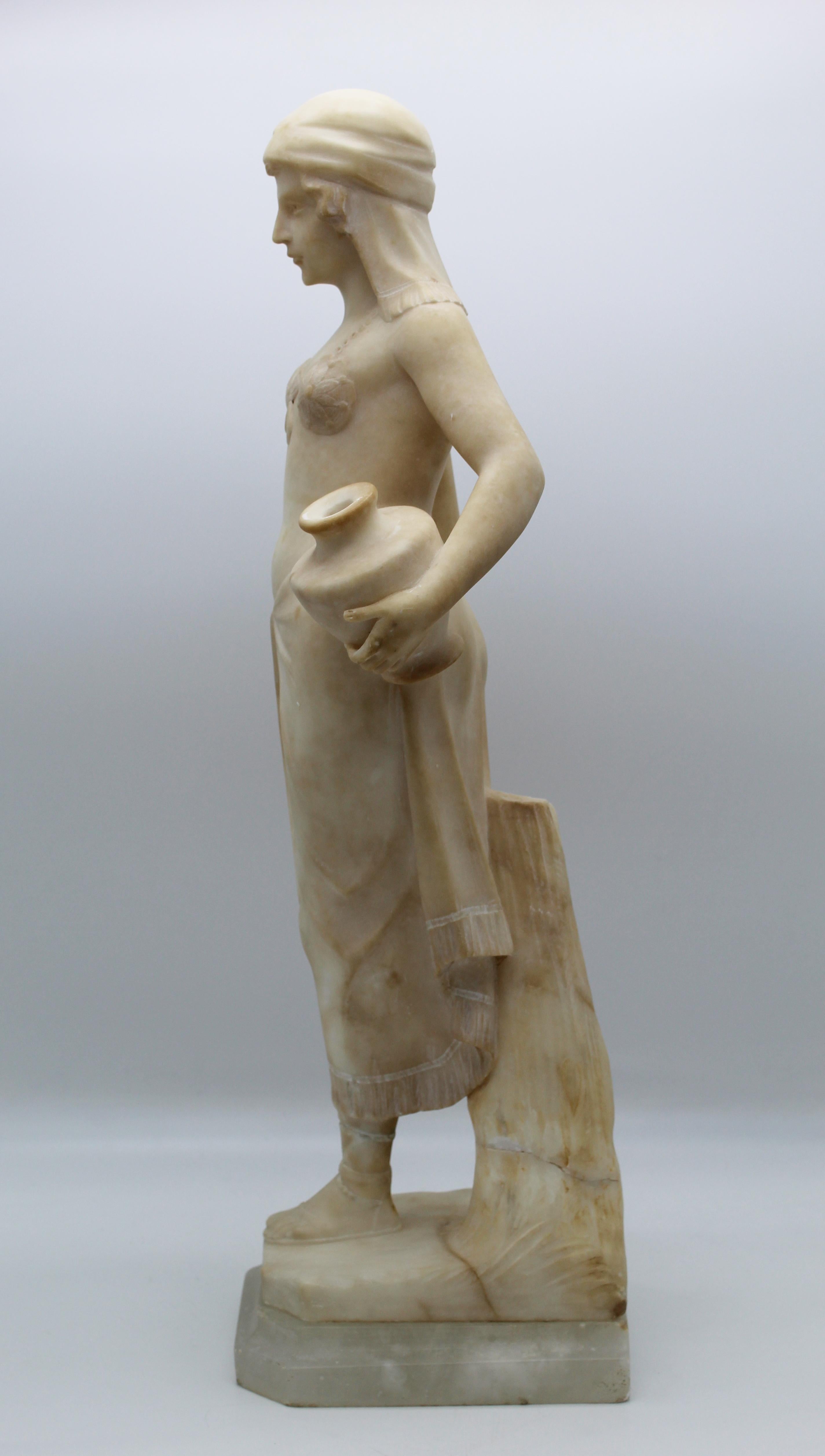 20th Century Italian Art Deco Sculpture White Alabaster Woman Carryng Water 4