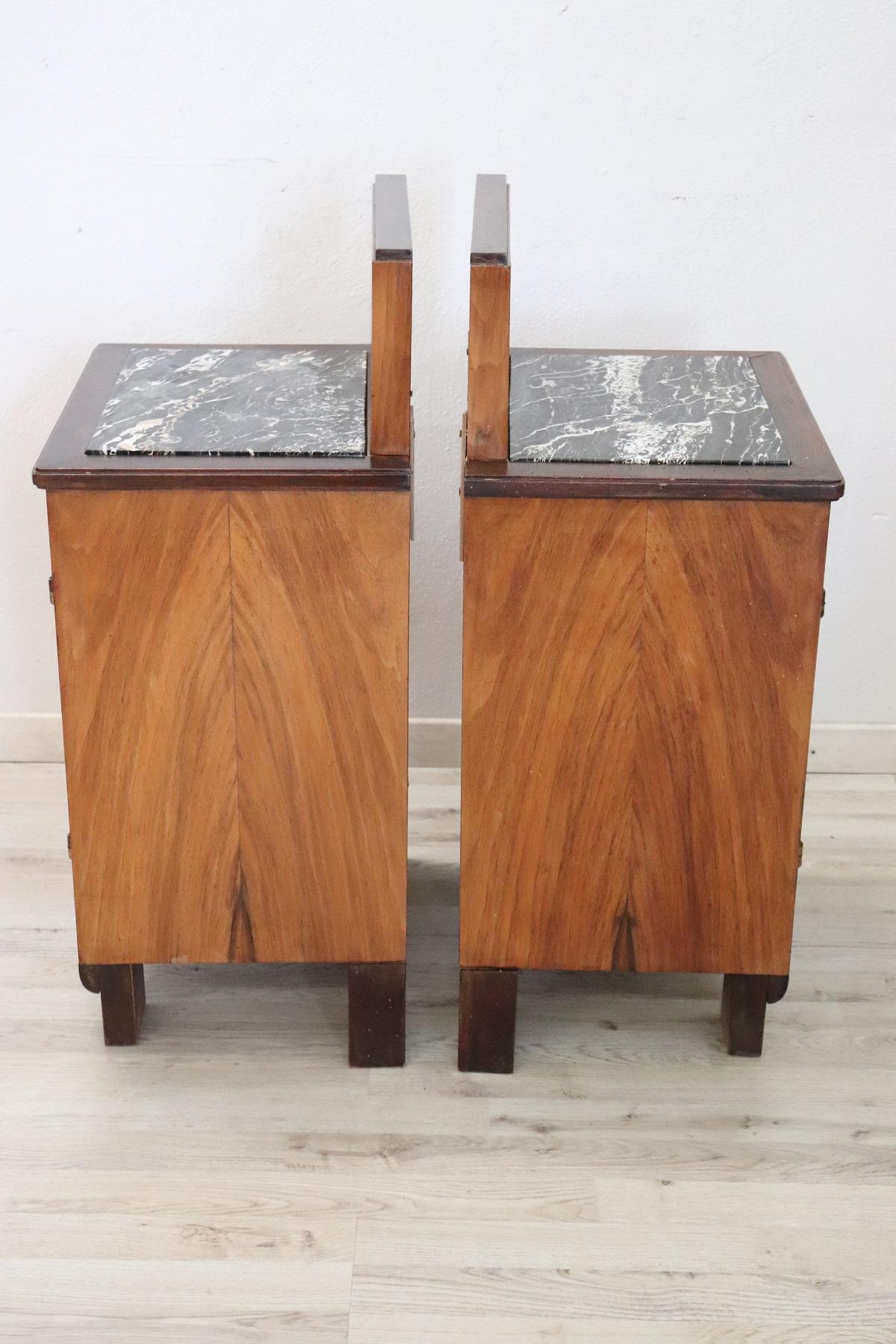 Mid-20th Century 20th Century Italian Art Deco Walnut Inlaid Pair of Nightstands with Marble Top