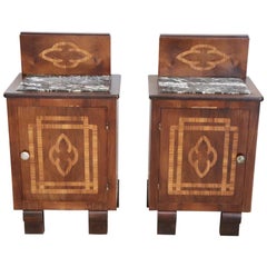 Used 20th Century Italian Art Deco Walnut Inlaid Pair of Nightstands with Marble Top