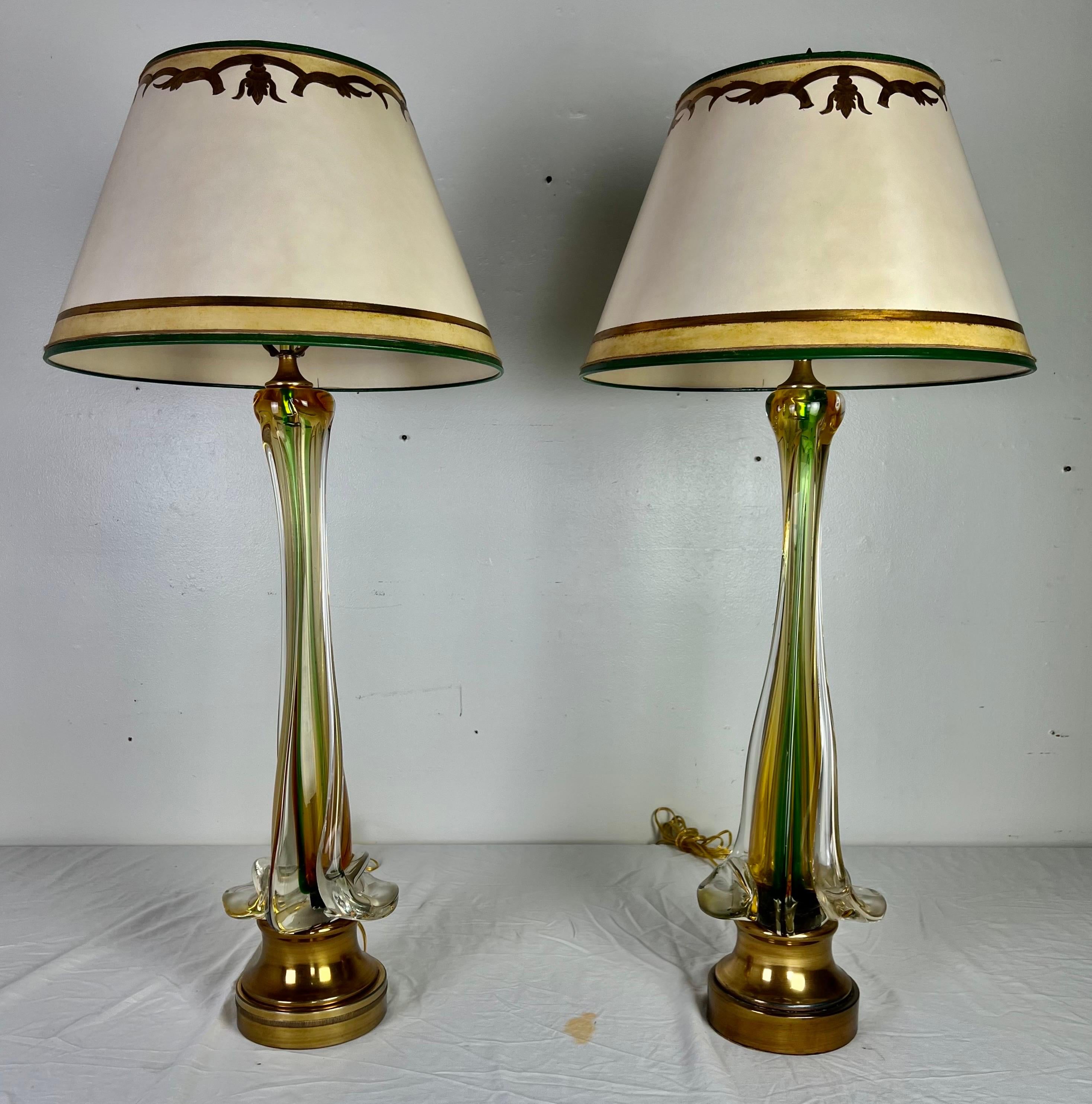 20th Century Italian Art Glass Lamps with Parchment Shades, Pair For Sale 3
