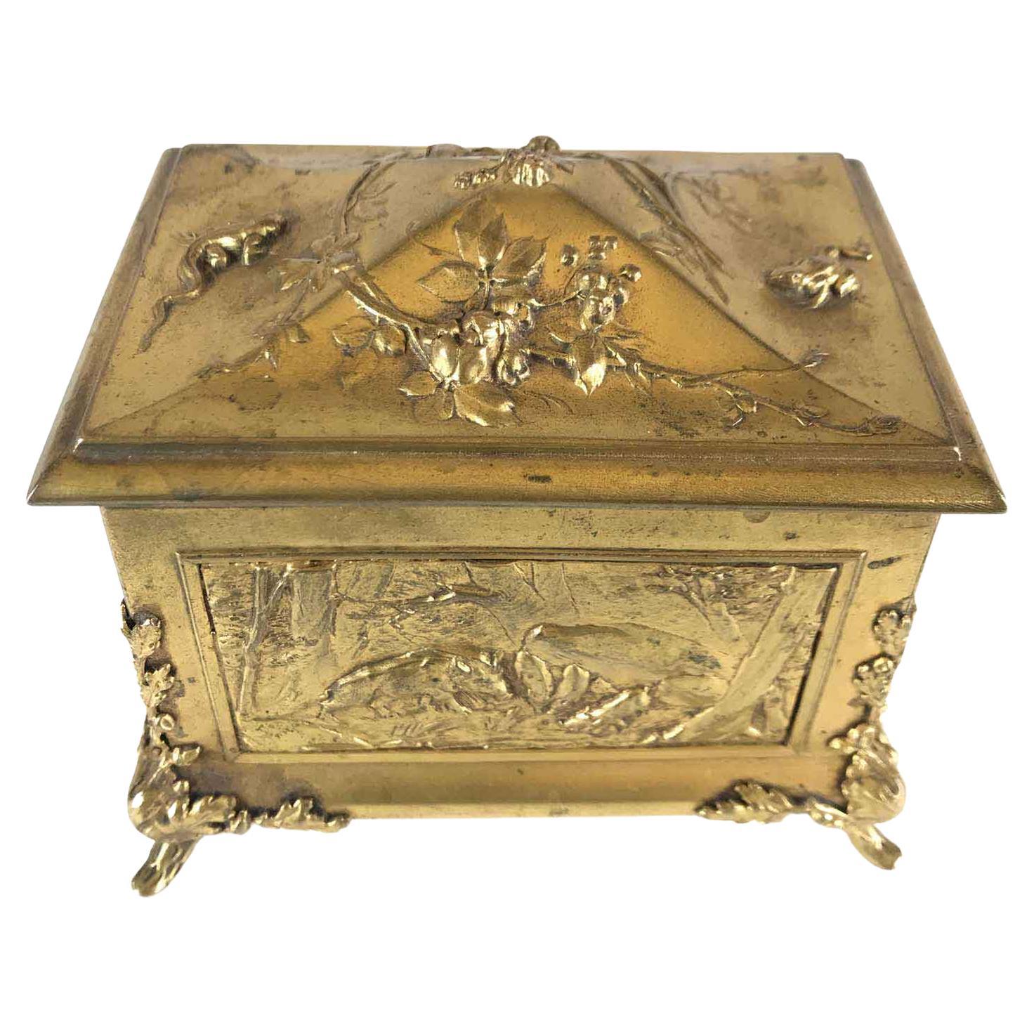 Embossed 20th Century Italian Art Nouveau Animalier Gilded Jewelry Box