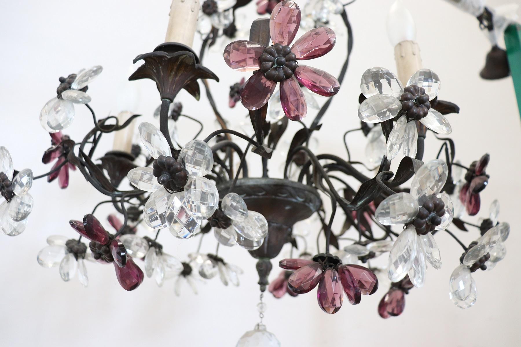 20th Century Italian Art Nouveau Bronze and Murano Glass Flowers Chandelier 6