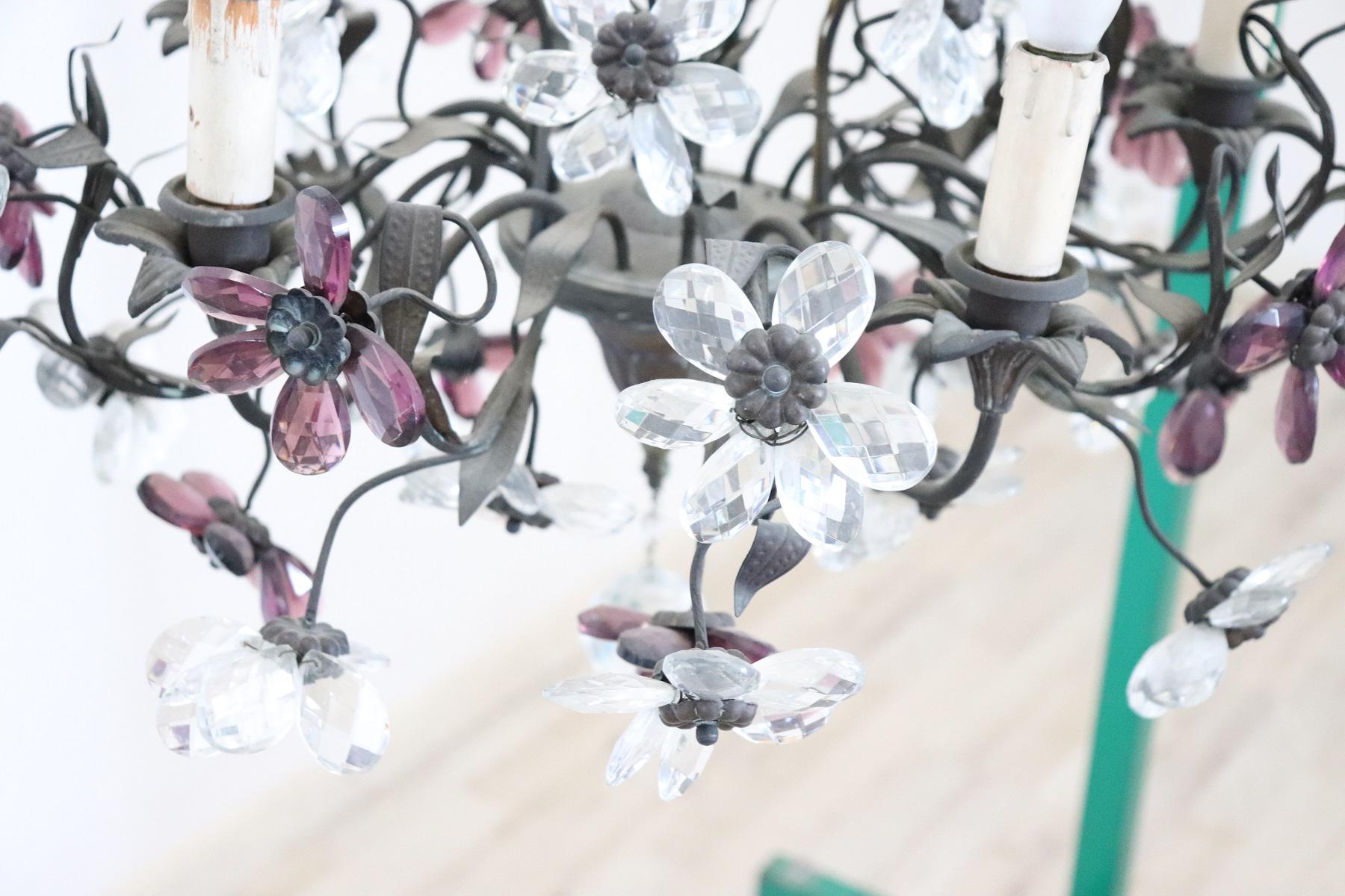 20th Century Italian Art Nouveau Bronze and Murano Glass Flowers Chandelier 2