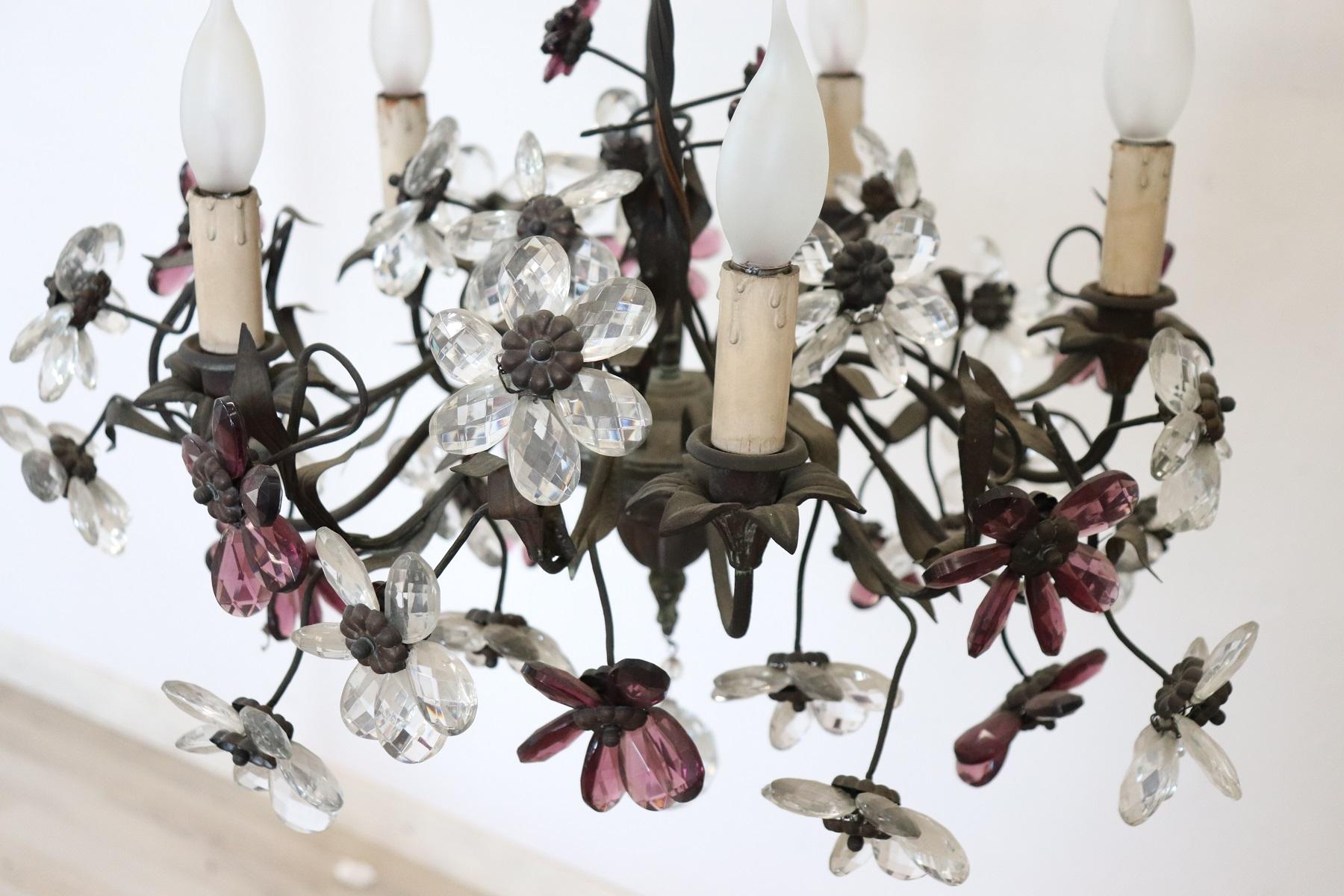 20th Century Italian Art Nouveau Bronze and Murano Glass Flowers Chandelier 3