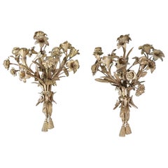 20th Century Italian Art Nouveau Pair of Candle Sconces in Gilded Bronze 5 Arms