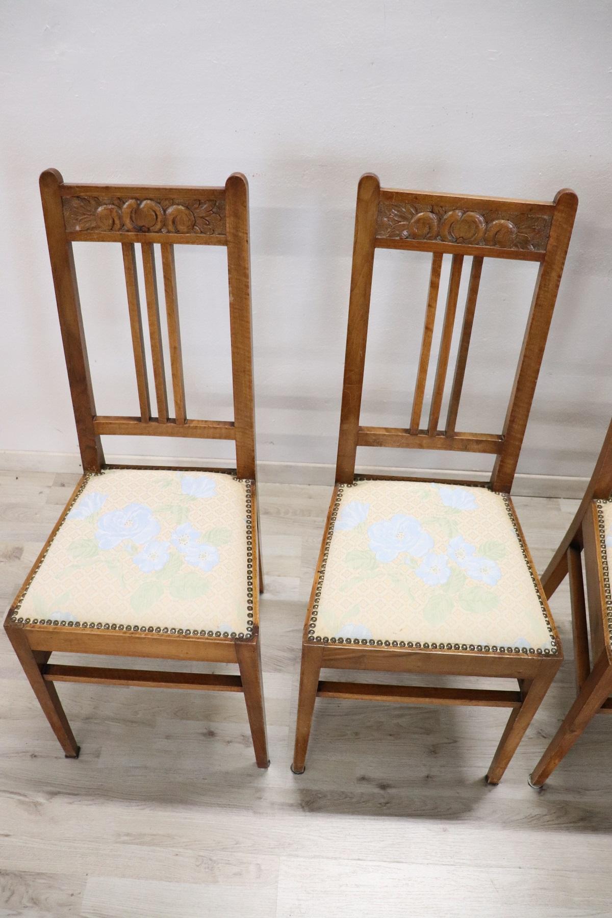 Louis XIV 20th Century Italian Art Nouveau Style Walnut Wood Chairs, Set of Six