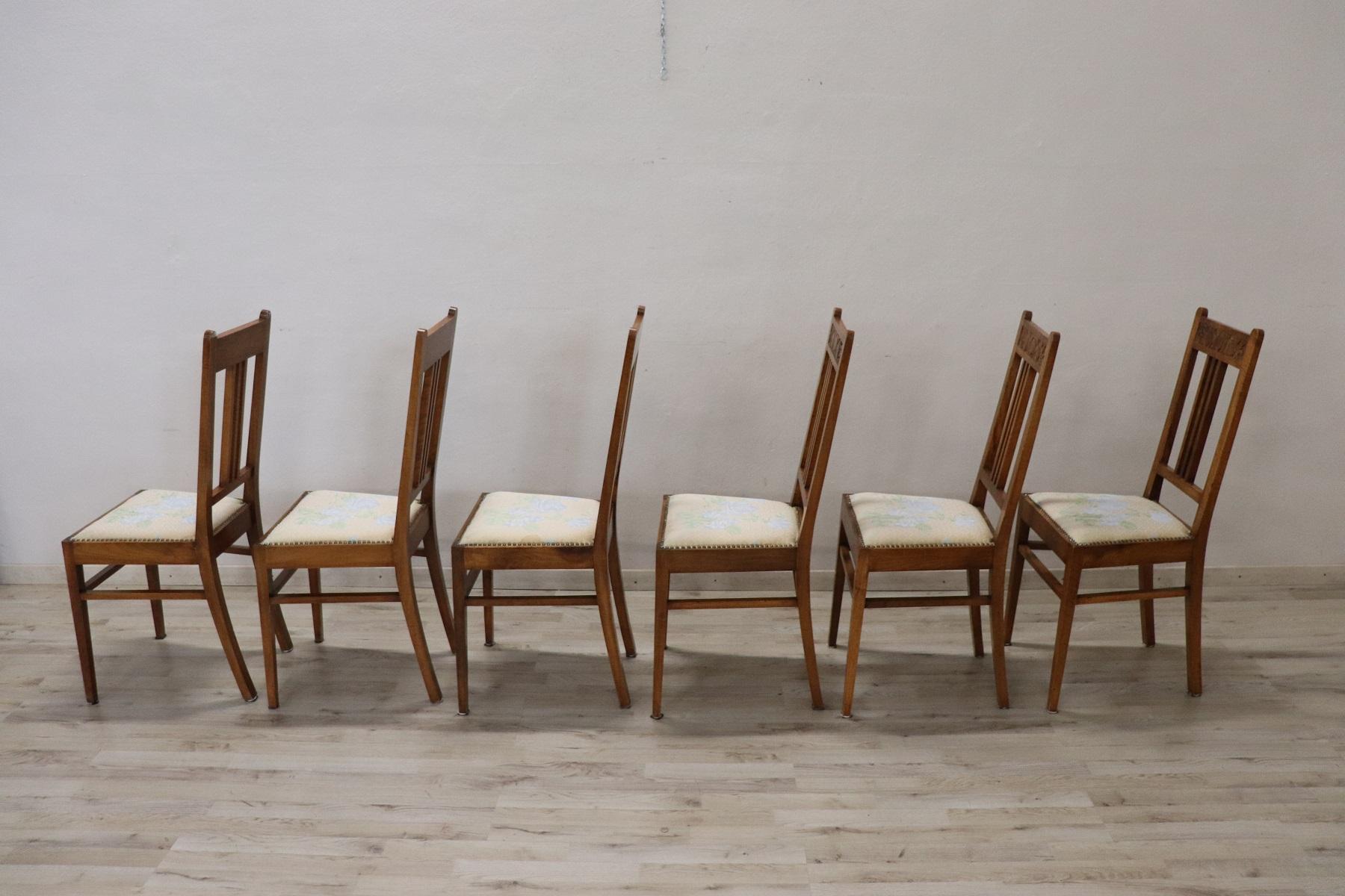 20th Century Italian Art Nouveau Style Walnut Wood Chairs, Set of Six 3