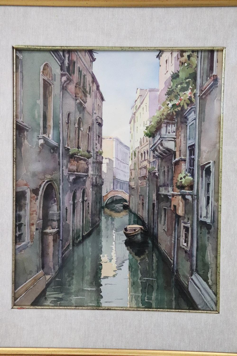 Belle aquarelle italienne sur papier paysage vénitien haute qualité artistique. Signé. Vendu avec le cadre.