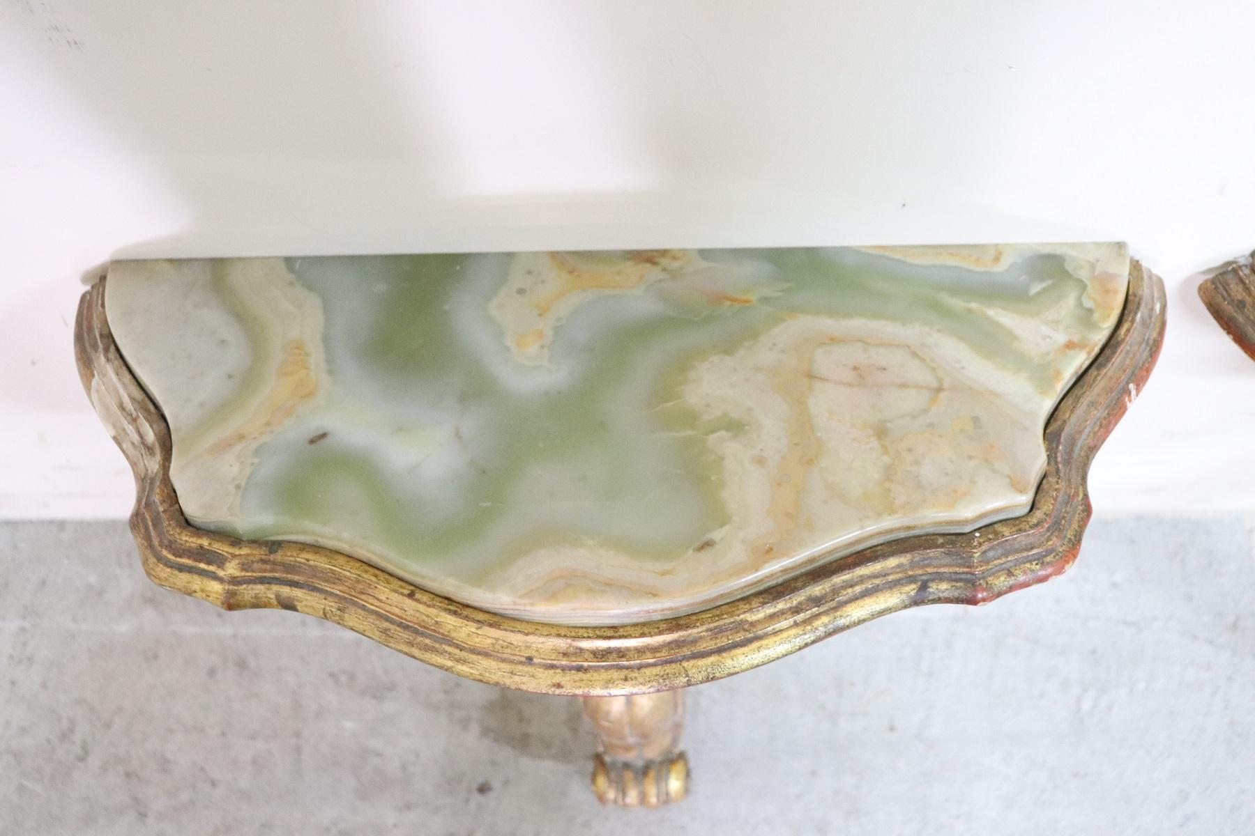 Mid-20th Century 20th Century Italian Baroque Gilded Wood Pair of Console Table with Onyx Top