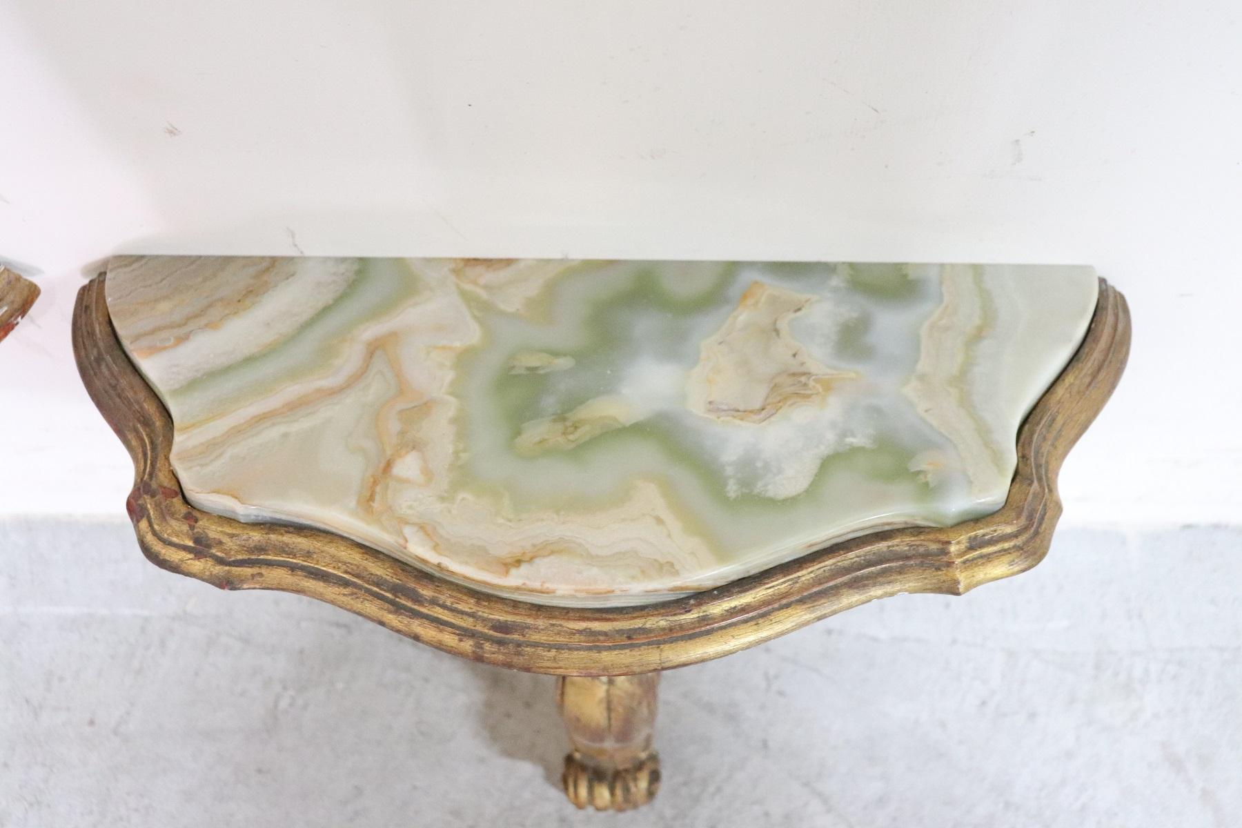 20th Century Italian Baroque Gilded Wood Pair of Console Table with Onyx Top 1