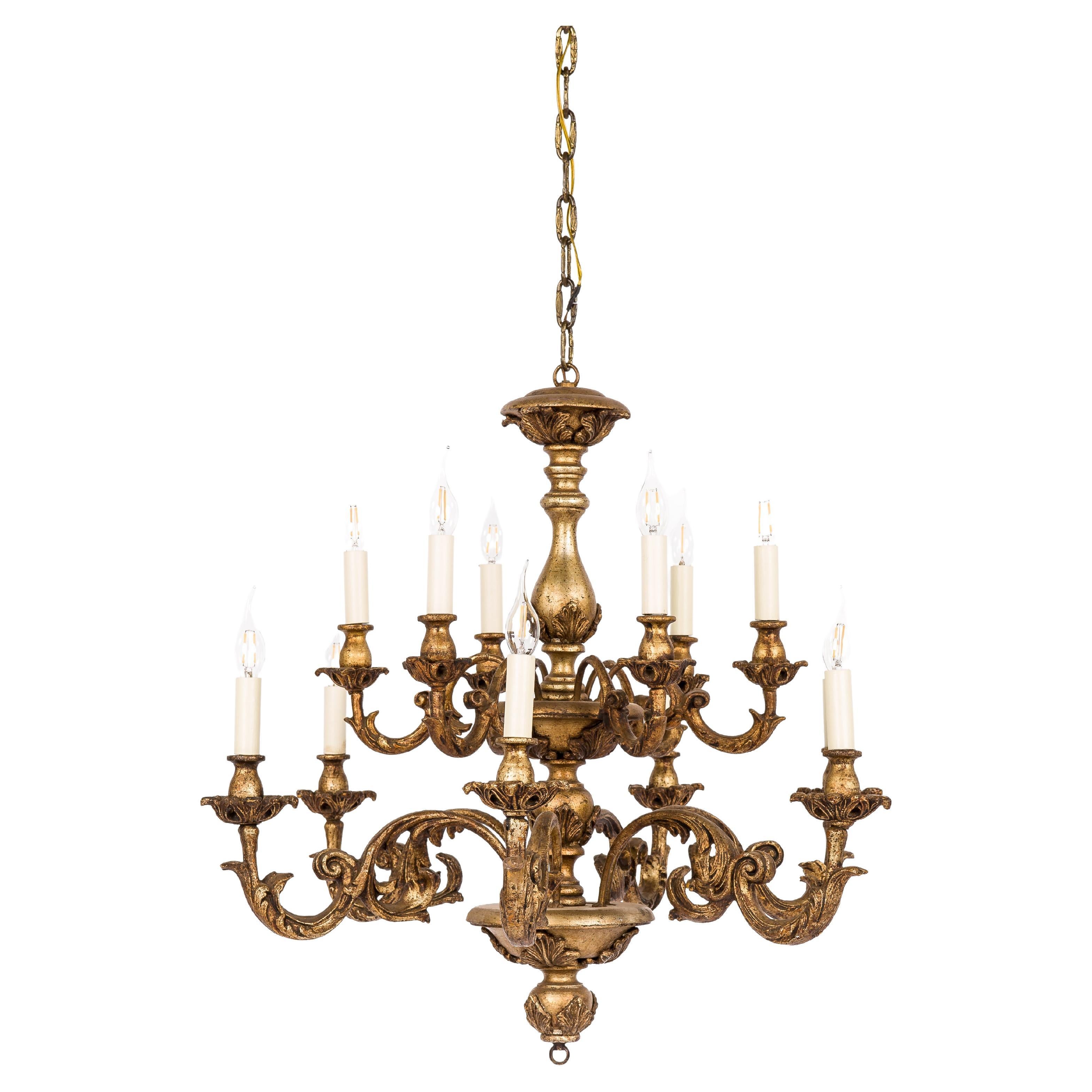 20th Century Italian Baroque Giltwood Two-Tier 12-Arm Florentine Chandelier For Sale