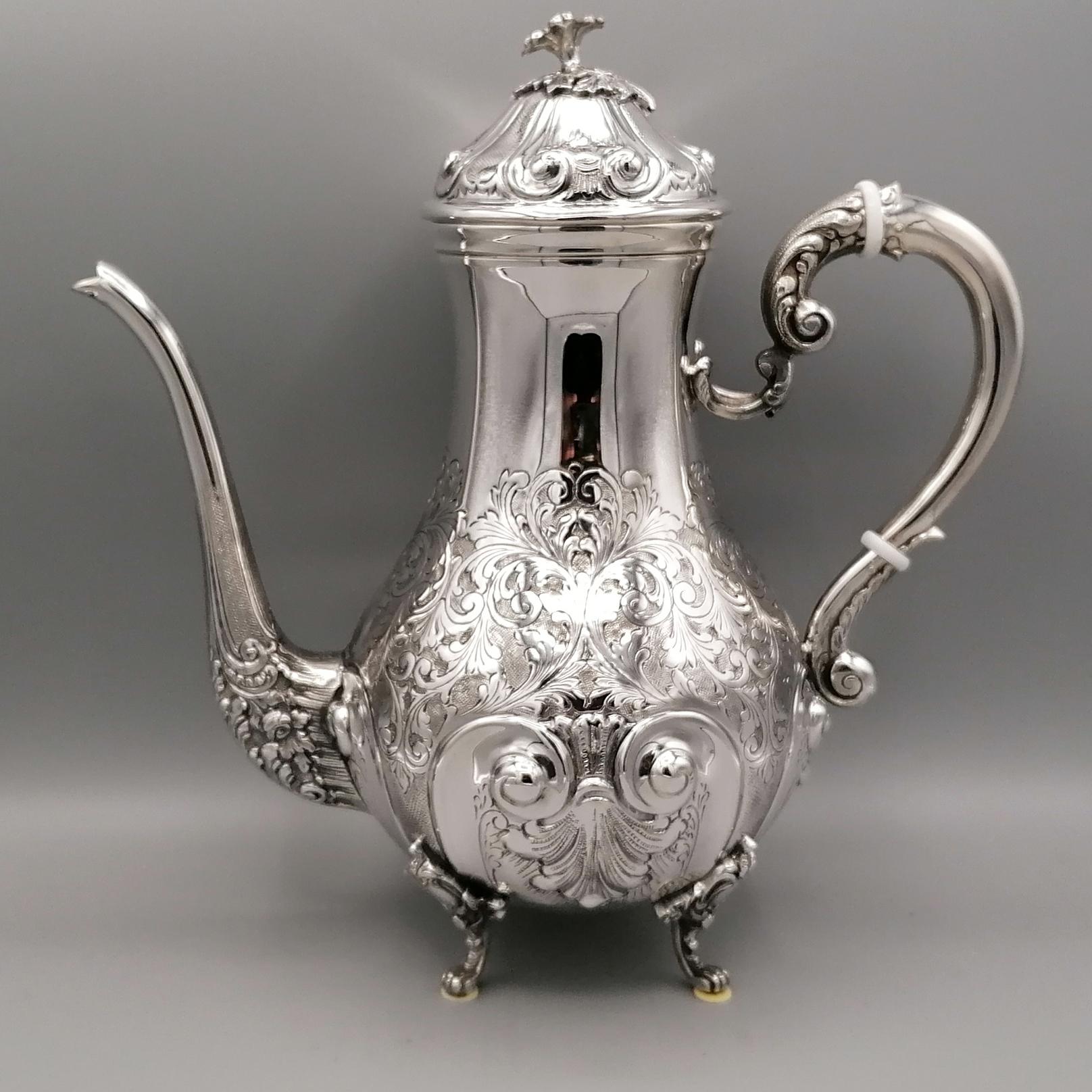 20th Century Italian Baroque Sterling Silver Engraved Tea-Coffeeset with Tray For Sale 4