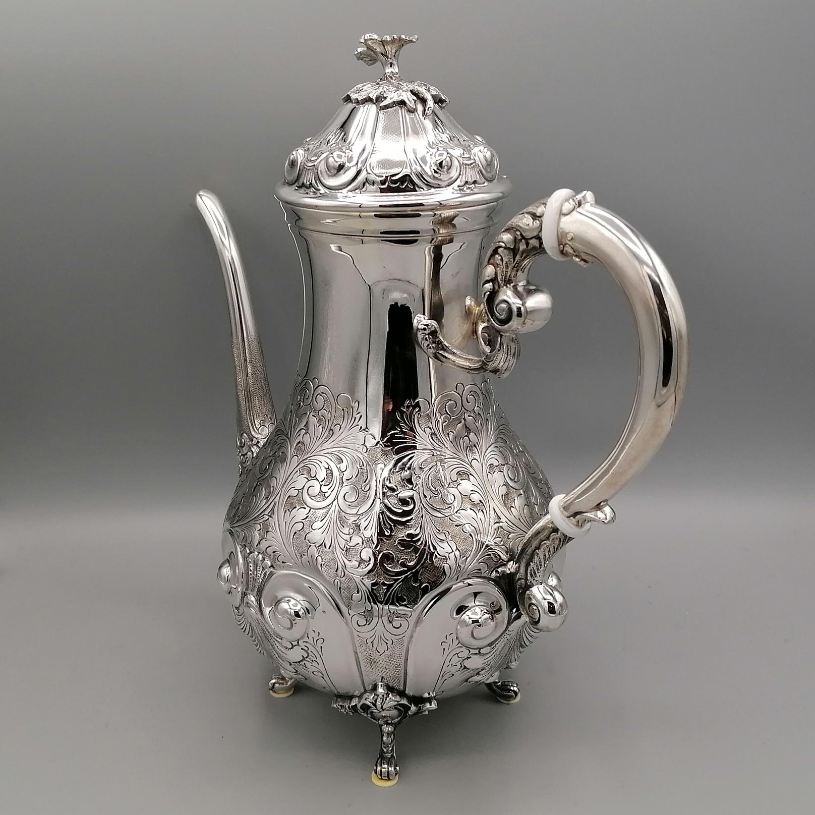 20th Century Italian Baroque Sterling Silver Engraved Tea-Coffeeset with Tray For Sale 5