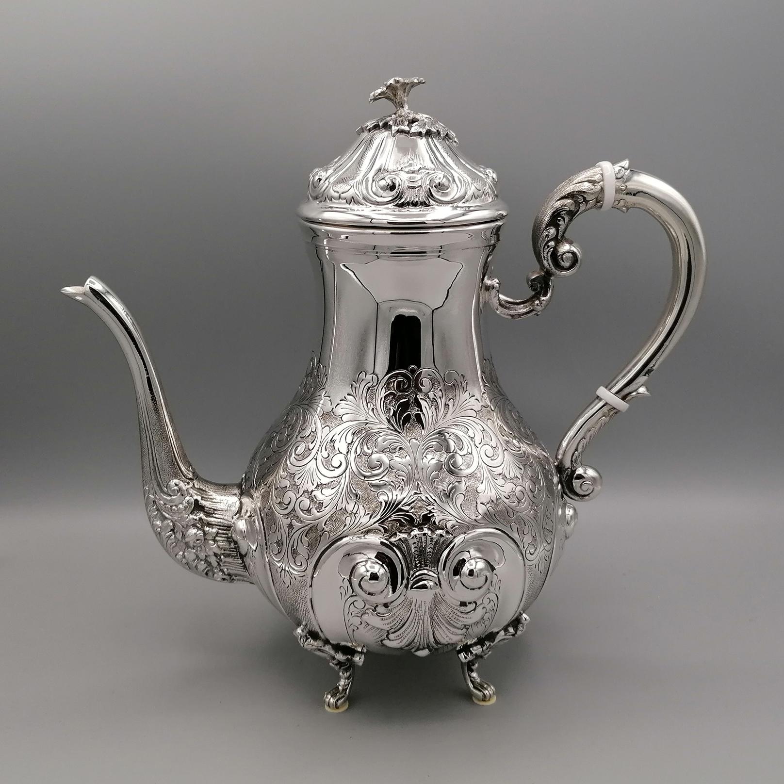 20th Century Italian Baroque Sterling Silver Engraved Tea-Coffeeset with Tray For Sale 6