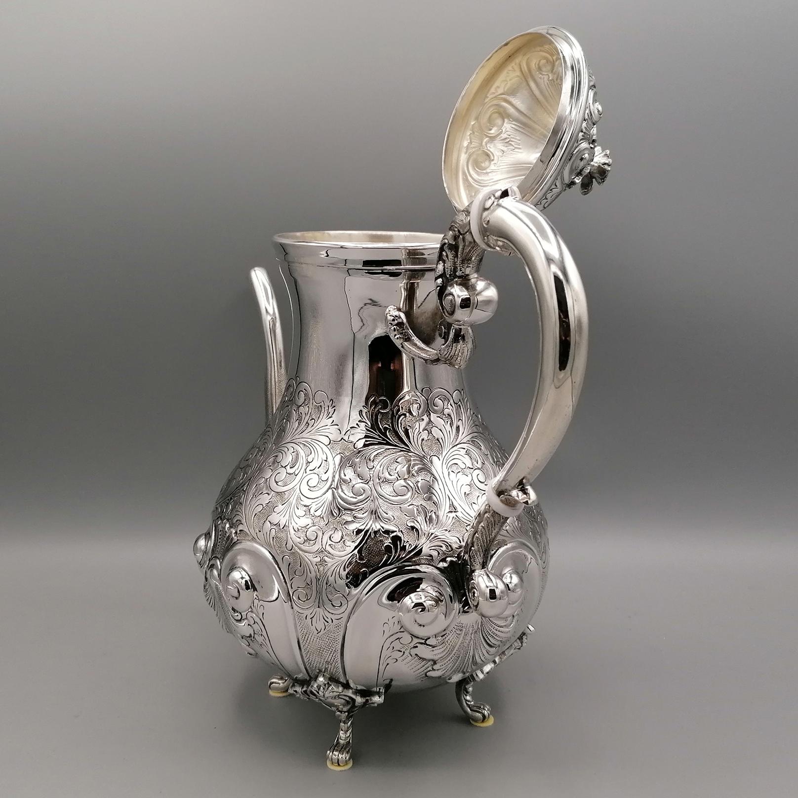 20th Century Italian Baroque Sterling Silver Engraved Tea-Coffeeset with Tray For Sale 7