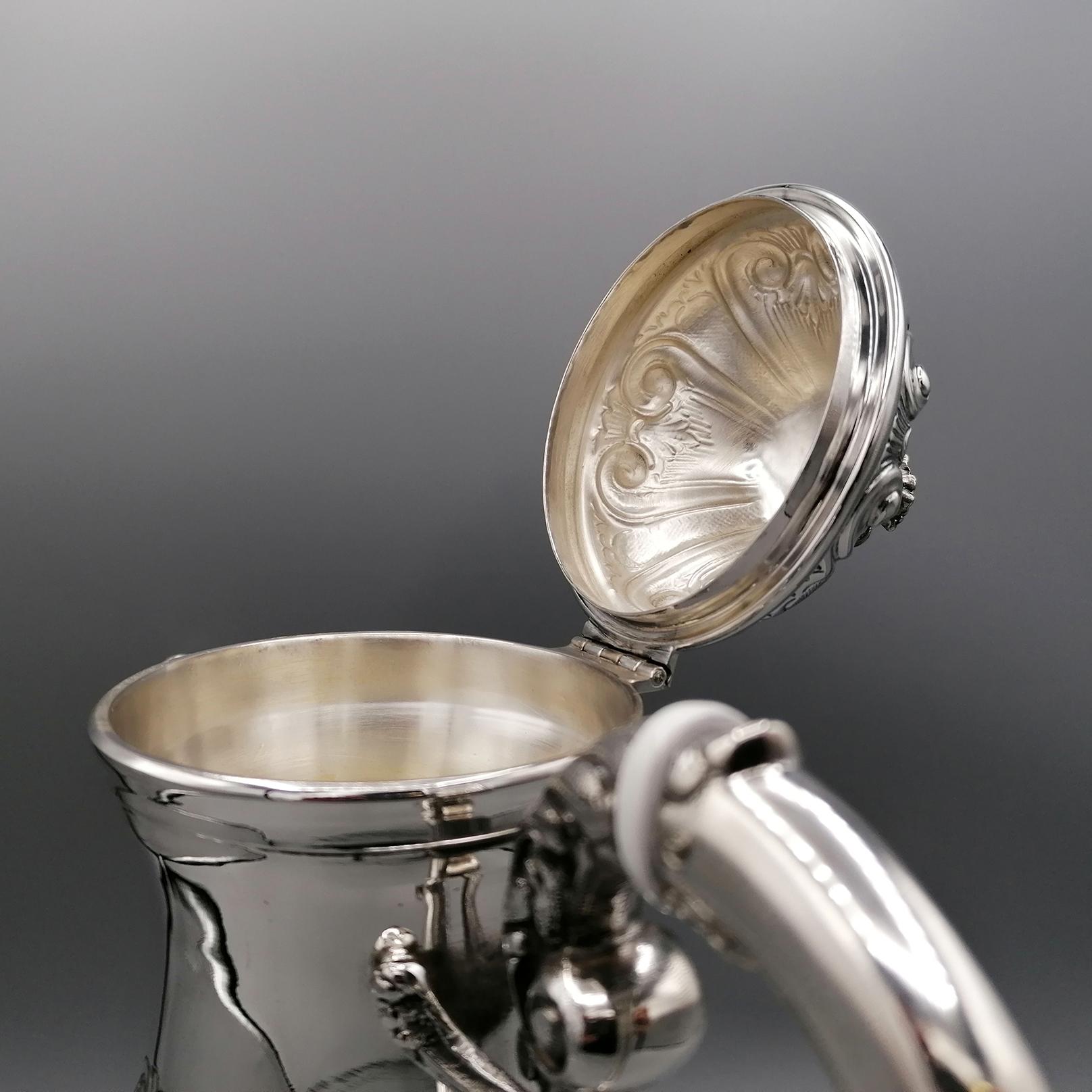 20th Century Italian Baroque Sterling Silver Engraved Tea-Coffeeset with Tray For Sale 8