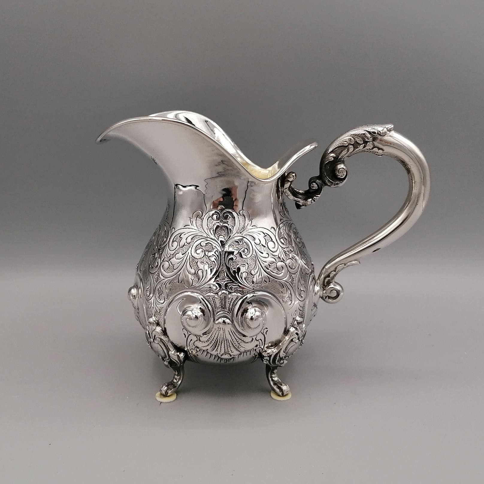 20th Century Italian Baroque Sterling Silver Engraved Tea-Coffeeset with Tray For Sale 9
