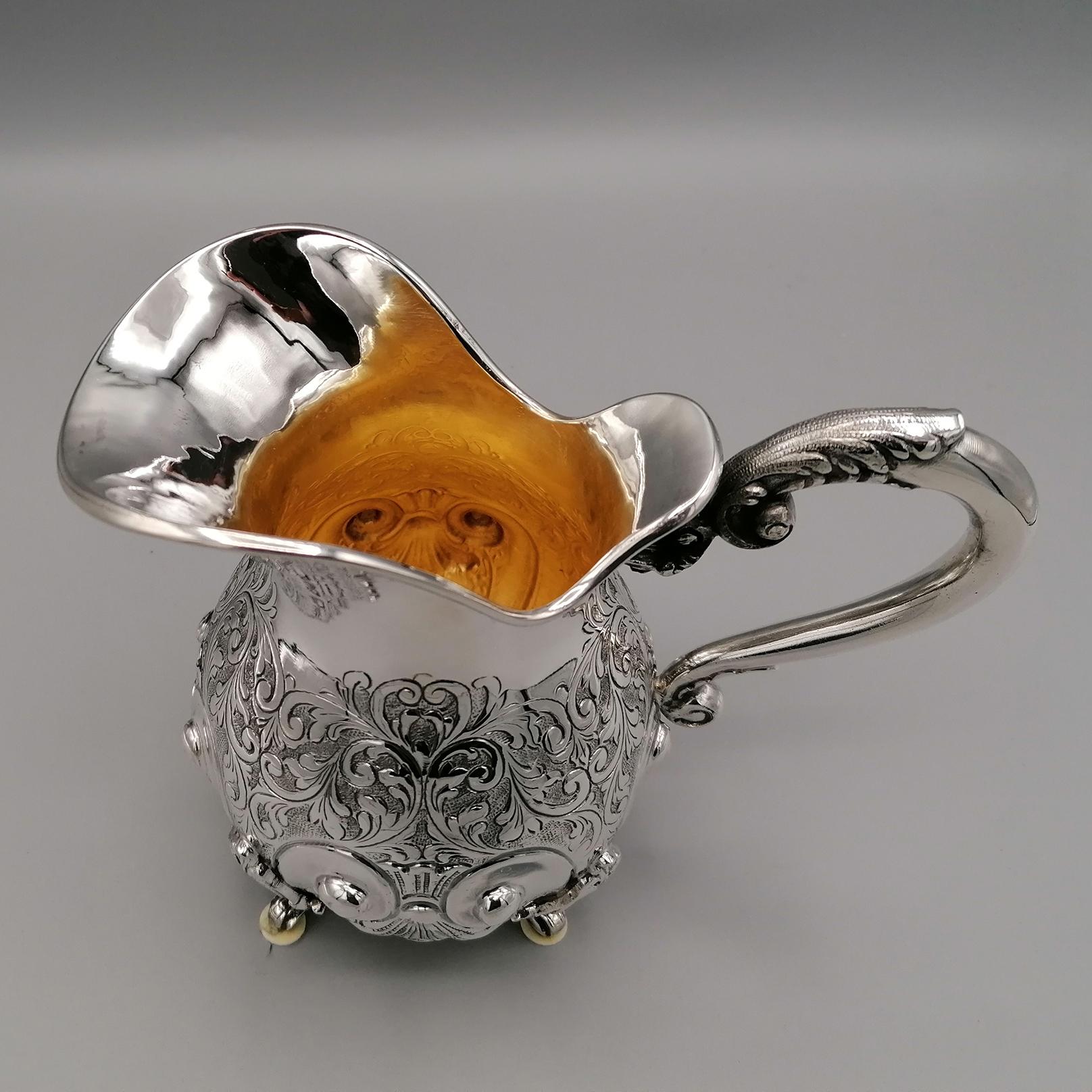 20th Century Italian Baroque Sterling Silver Engraved Tea-Coffeeset with Tray For Sale 10