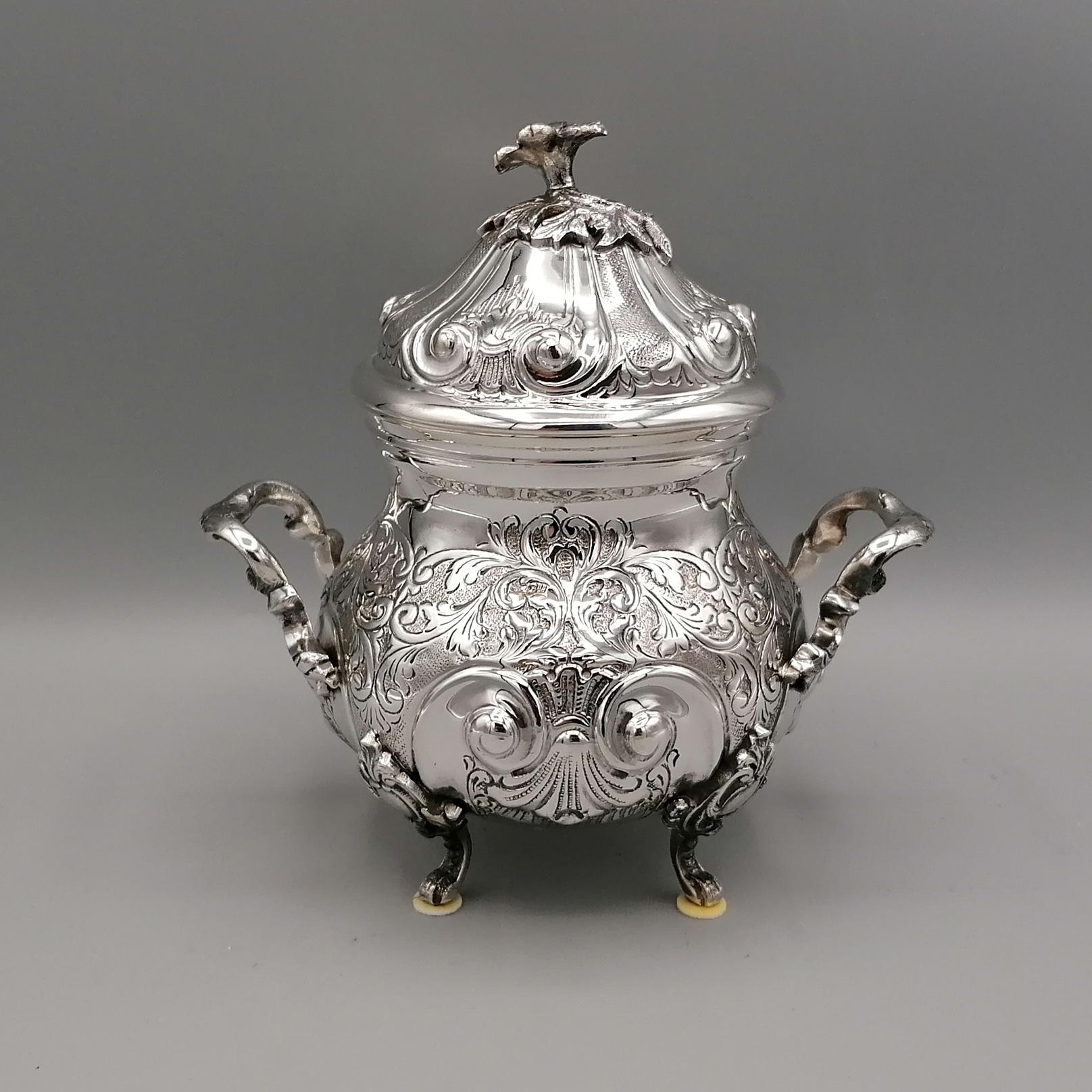 20th Century Italian Baroque Sterling Silver Engraved Tea-Coffeeset with Tray For Sale 11