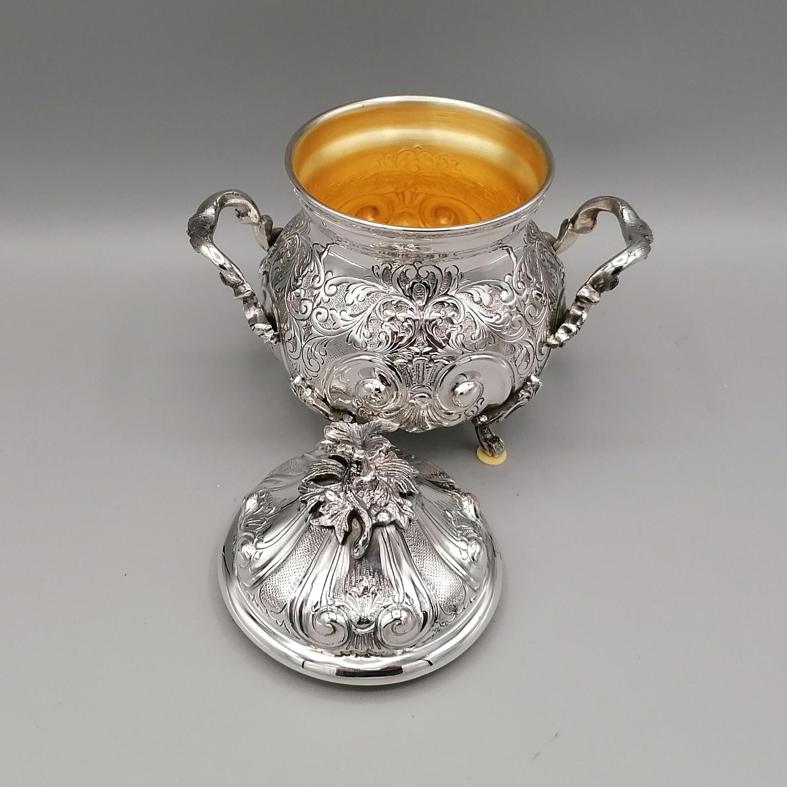 20th Century Italian Baroque Sterling Silver Engraved Tea-Coffeeset with Tray For Sale 12