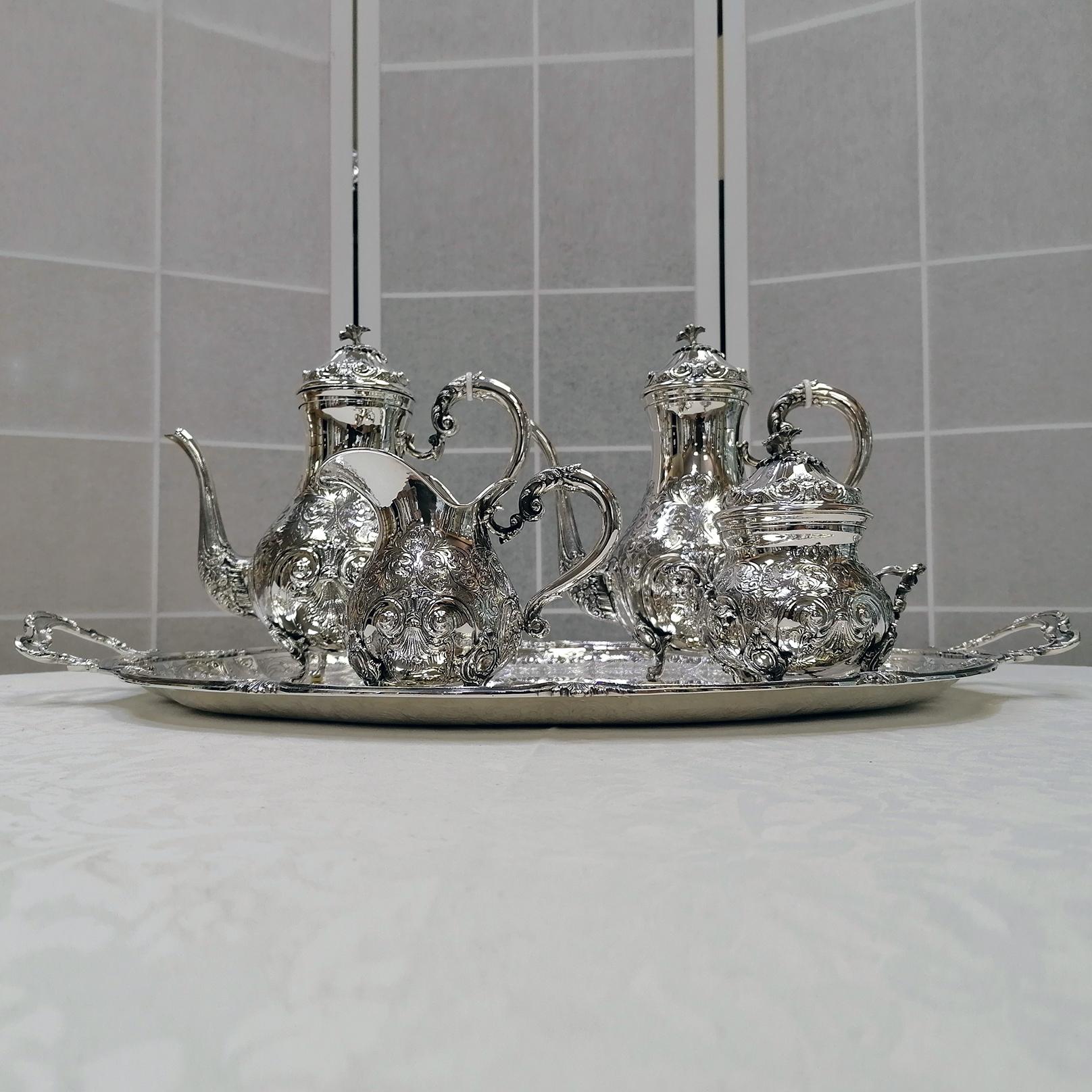 Embossed 20th Century Italian Baroque Sterling Silver Engraved Tea-Coffeeset with Tray For Sale