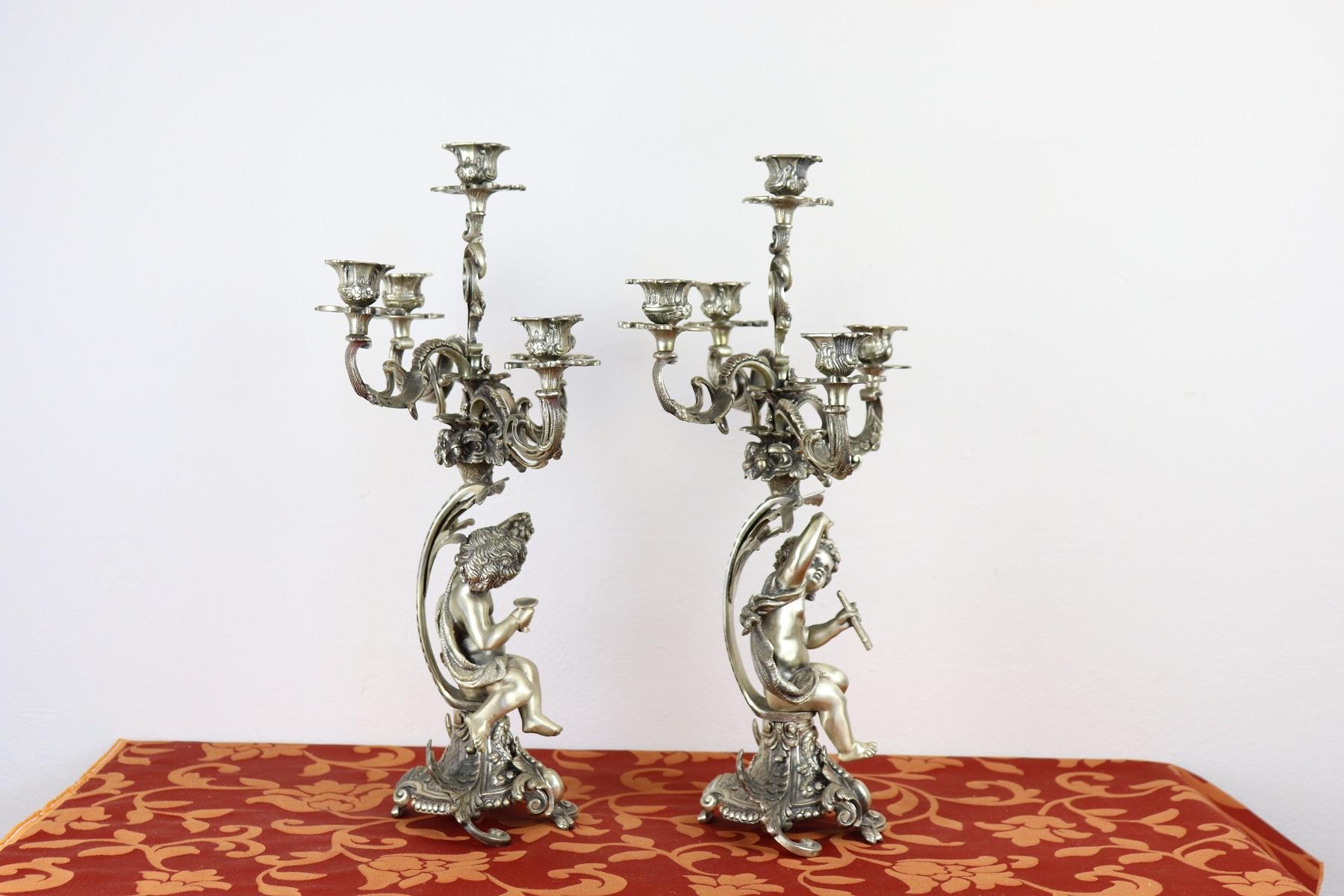 20th Century Italian Baroque Style 800 Silver Pair of Candelabras with Cherubs 8