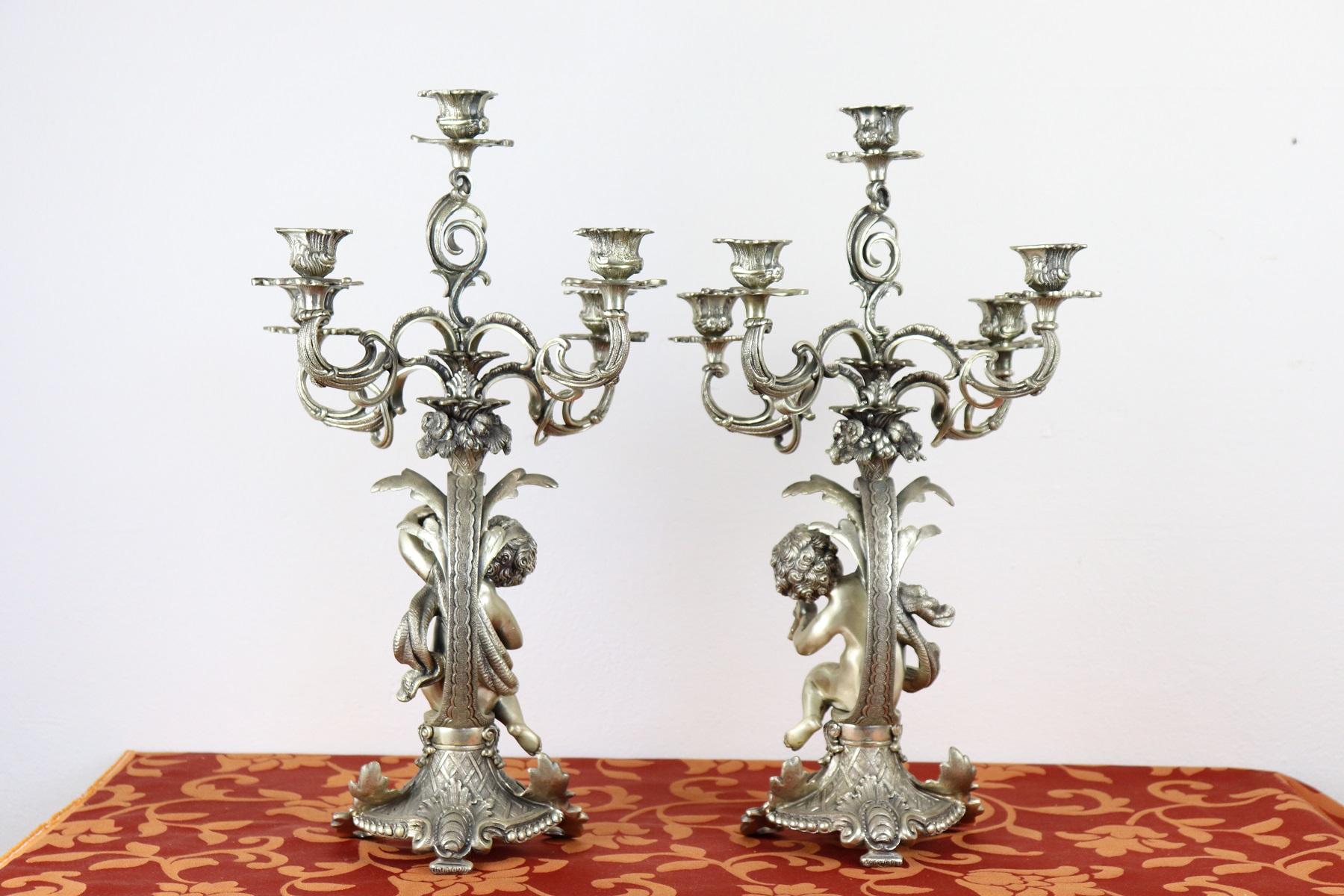 20th Century Italian Baroque Style 800 Silver Pair of Candelabras with Cherubs 9