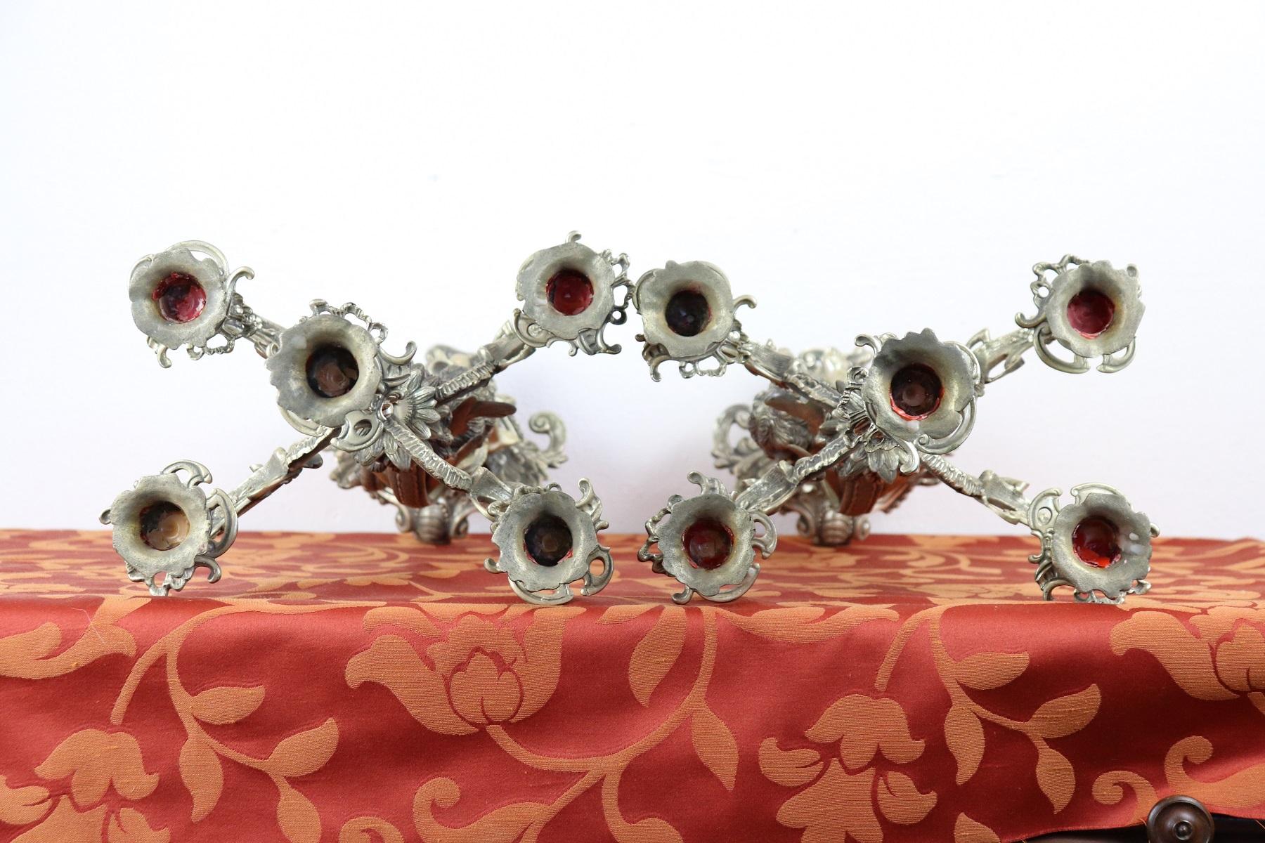 20th Century Italian Baroque Style 800 Silver Pair of Candelabras with Cherubs 12