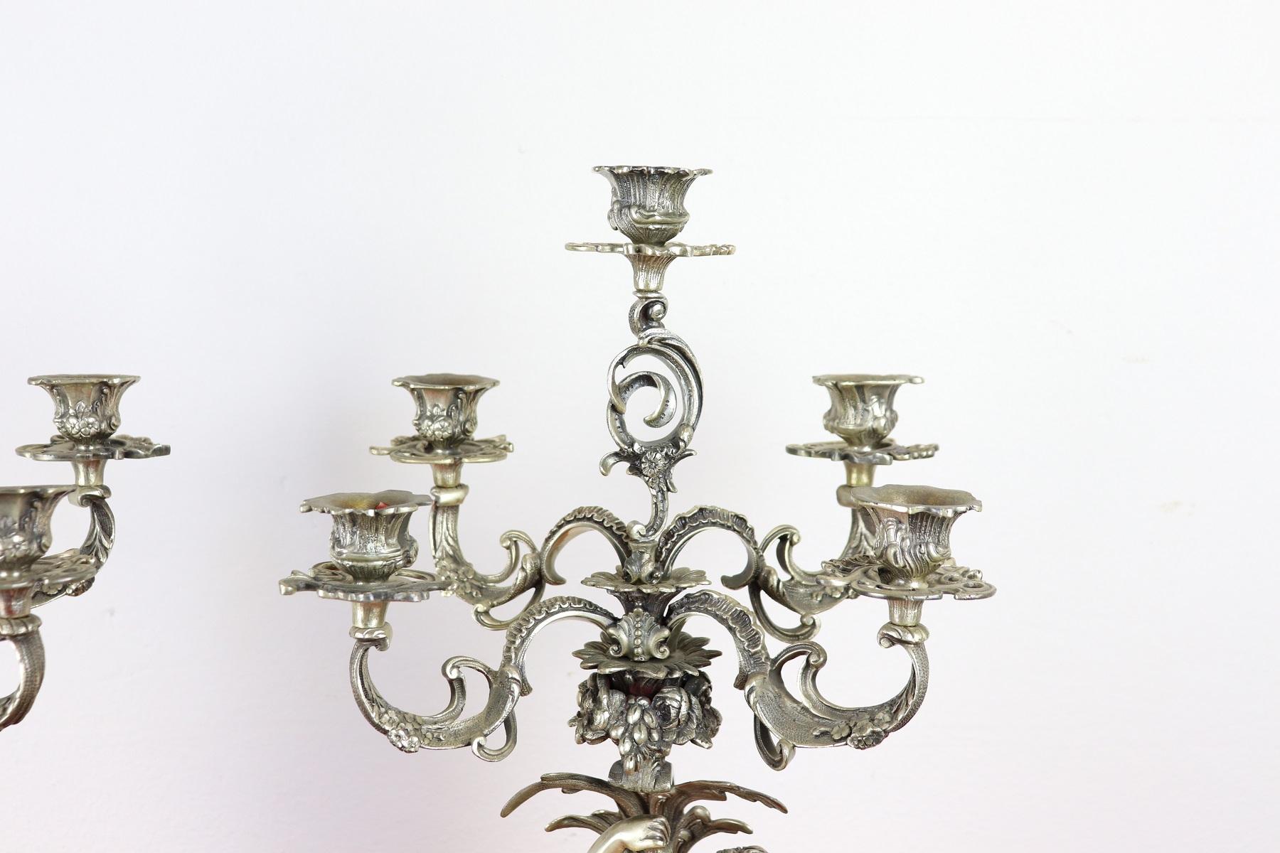 20th Century Italian Baroque Style 800 Silver Pair of Candelabras with Cherubs 1