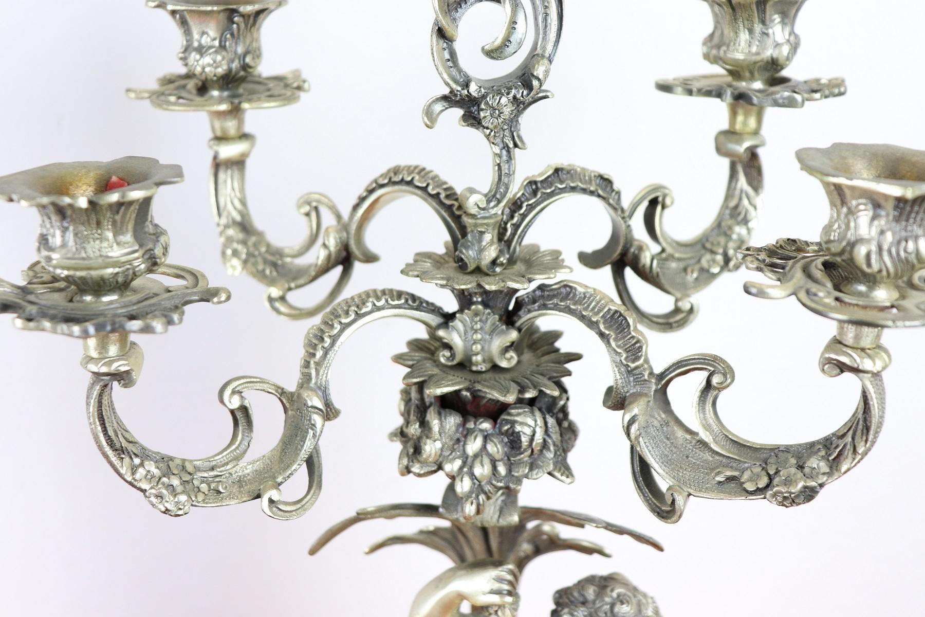 20th Century Italian Baroque Style 800 Silver Pair of Candelabras with Cherubs 3