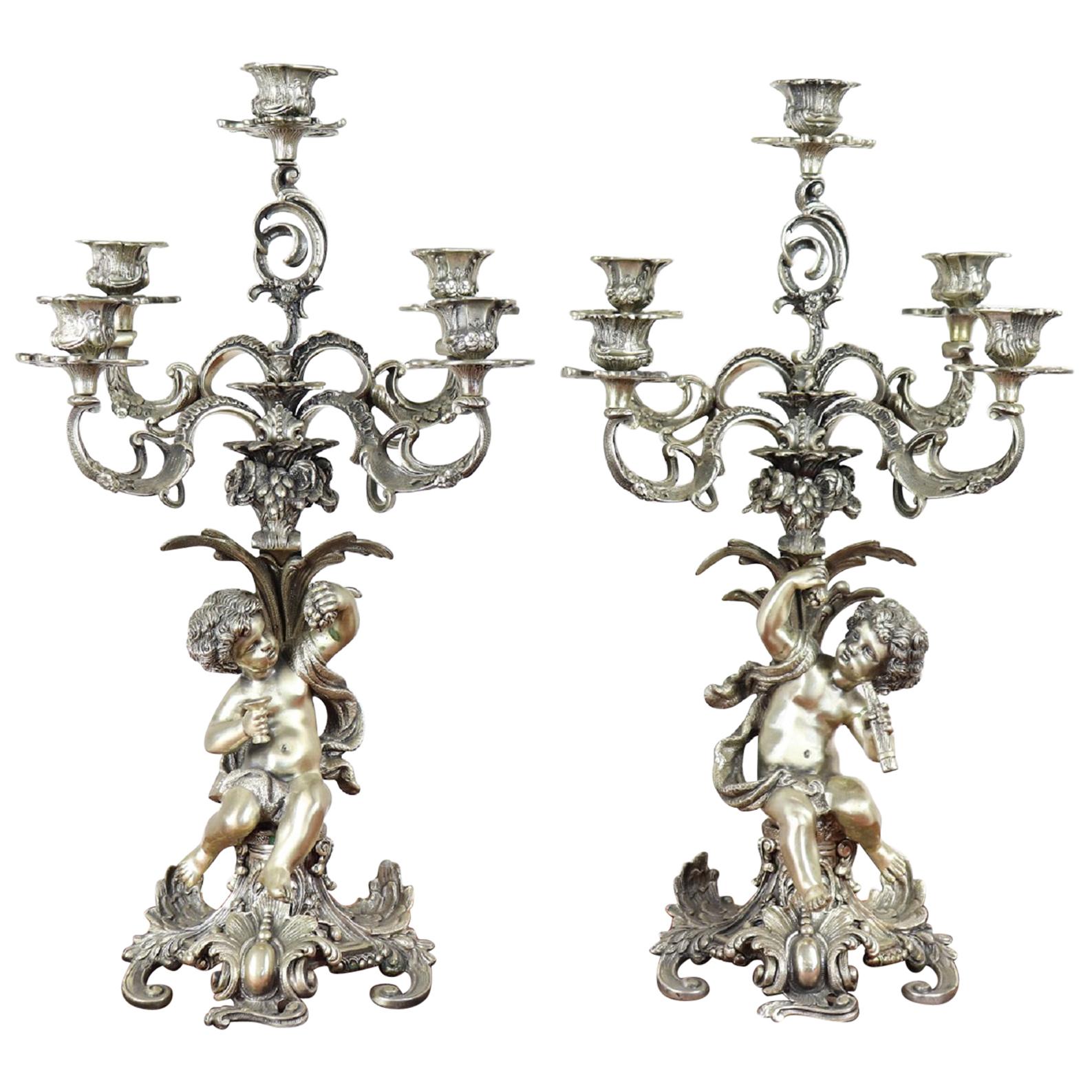 20th Century Italian Baroque Style 800 Silver Pair of Candelabras with Cherubs