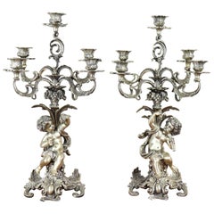 Vintage 20th Century Italian Baroque Style 800 Silver Pair of Candelabras with Cherubs