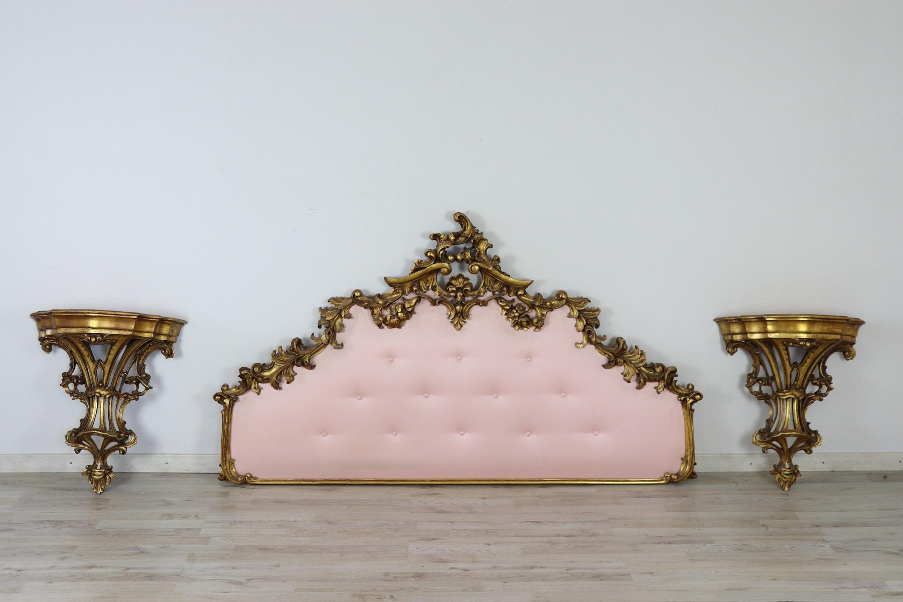 20th Century Italian Baroque Style Carved and Gilded Wood with Fabric Headboard 7