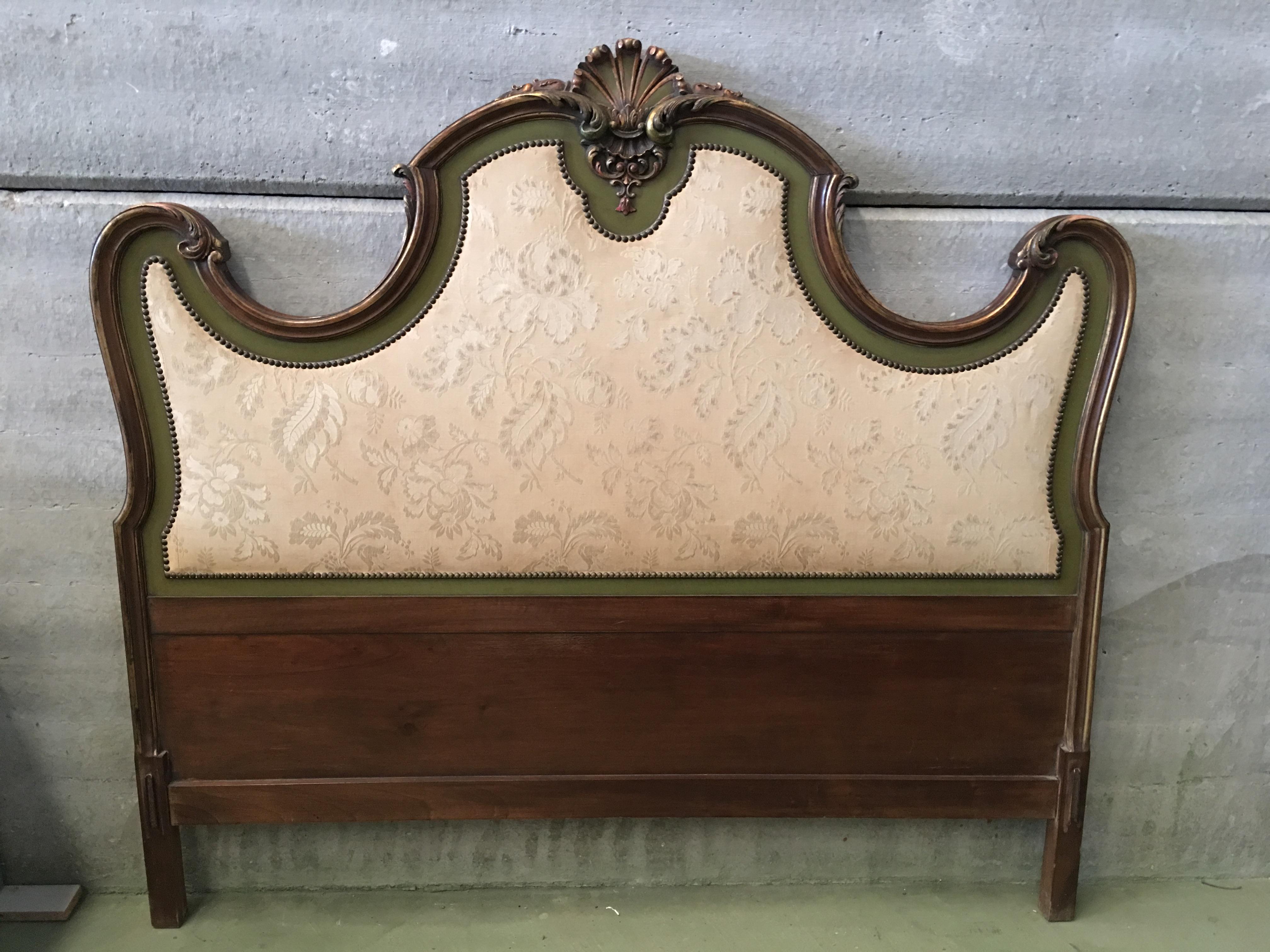 20th century Italian Baroque style carved wood with fabric headboard
Original patinated.