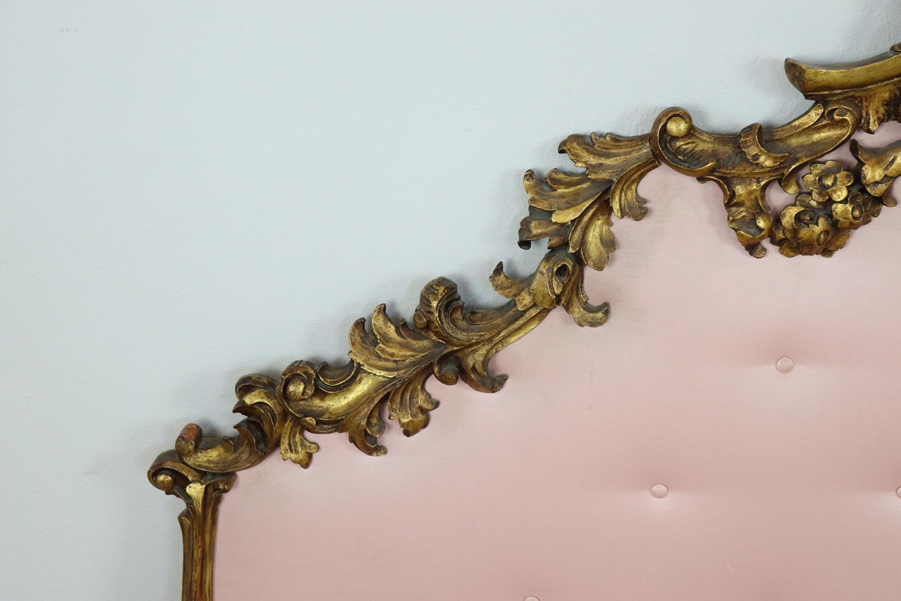 Louis XIV 20th Century Italian Baroque Style Carved and Gilded Wood with Fabric Headboard