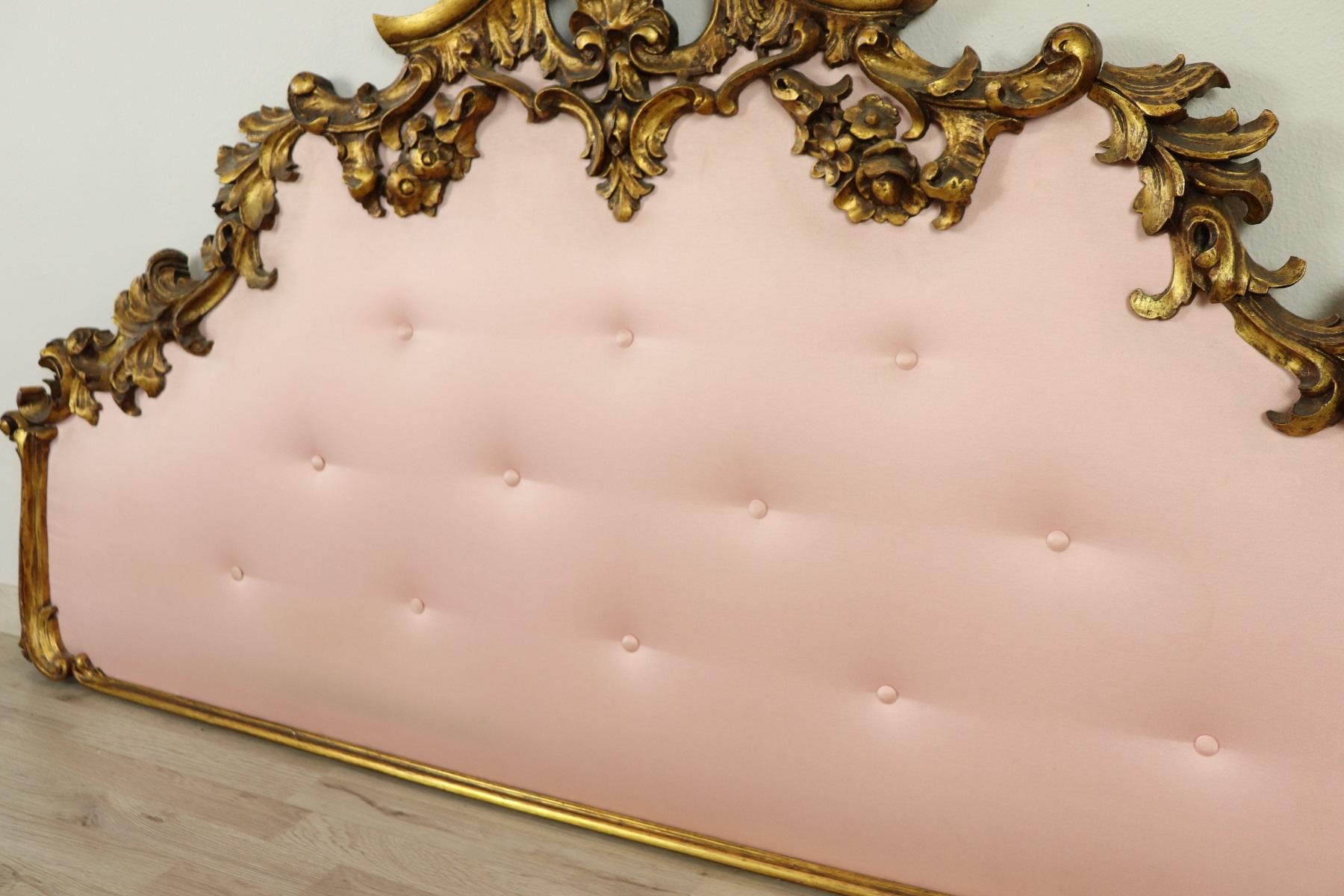 20th Century Italian Baroque Style Carved and Gilded Wood with Fabric Headboard 1