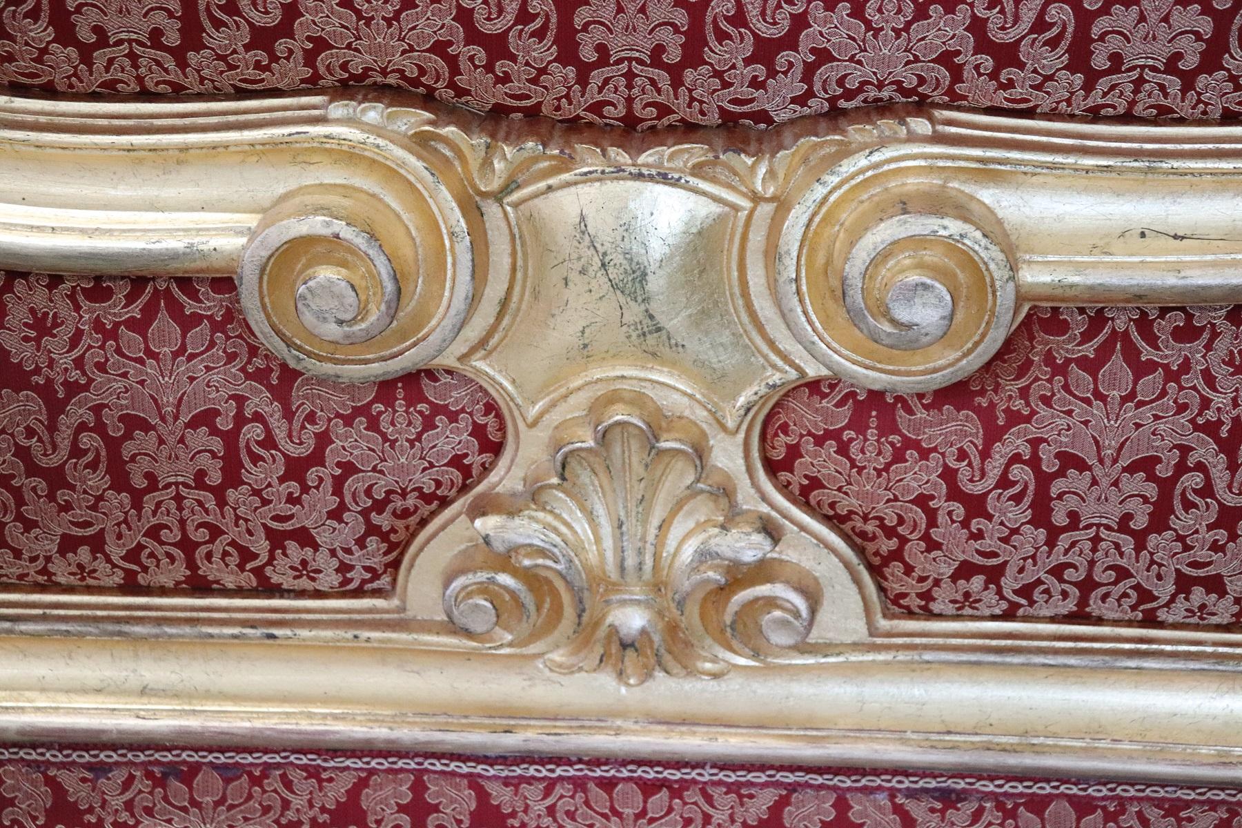 20th Century Italian Baroque Style Carved and Gilded Wood with Fabric Headboard 1