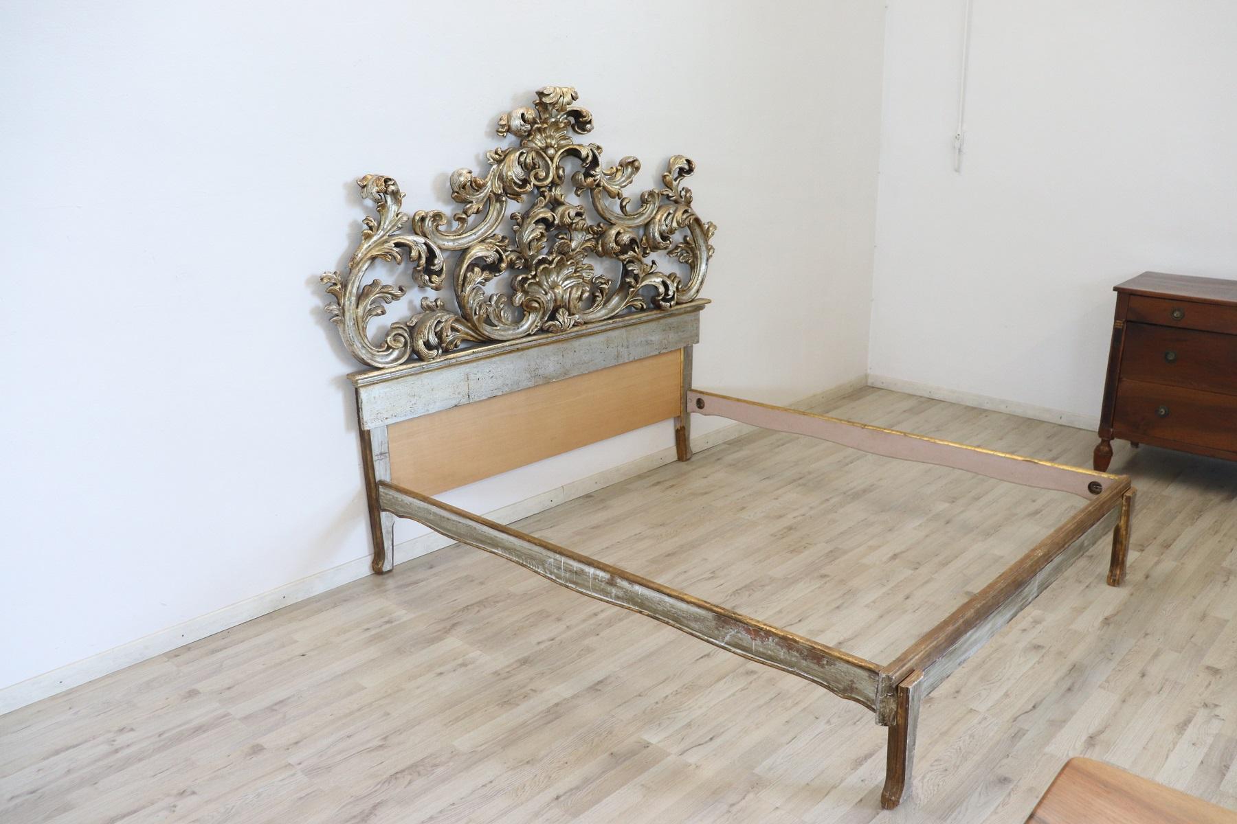 Louis XIV 20th Century Italian Baroque Style Carved Gilded and Silvered Wood Double Bed